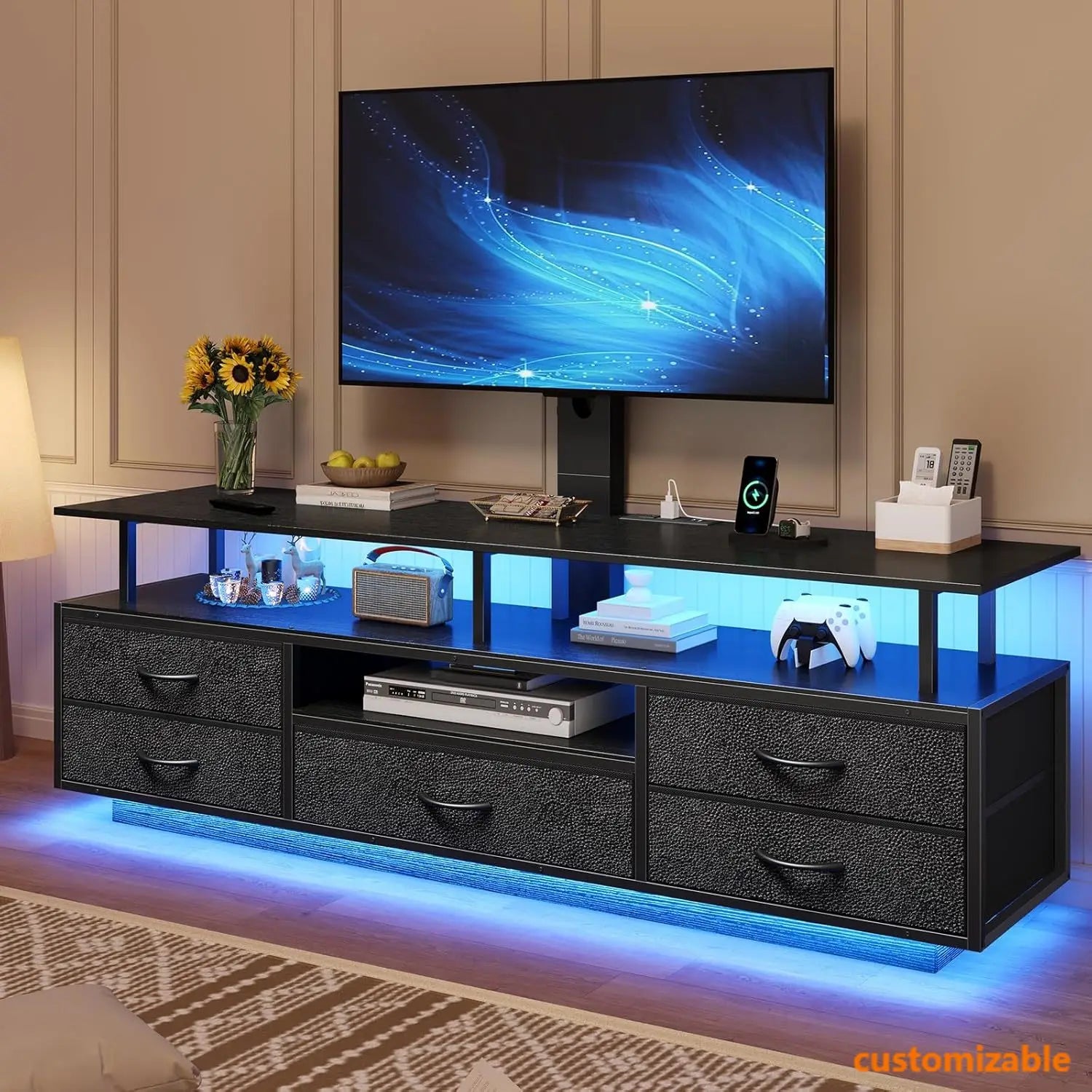 TV Stand with Mount for 32/55/65/70 inch TVs, 51.2" LED TV Stand with Power Outlets & Storage, Entertainment Center with Storage