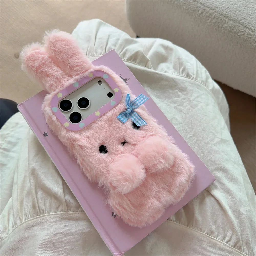 Warm fluffy furry bow 3D rabbit phone case.