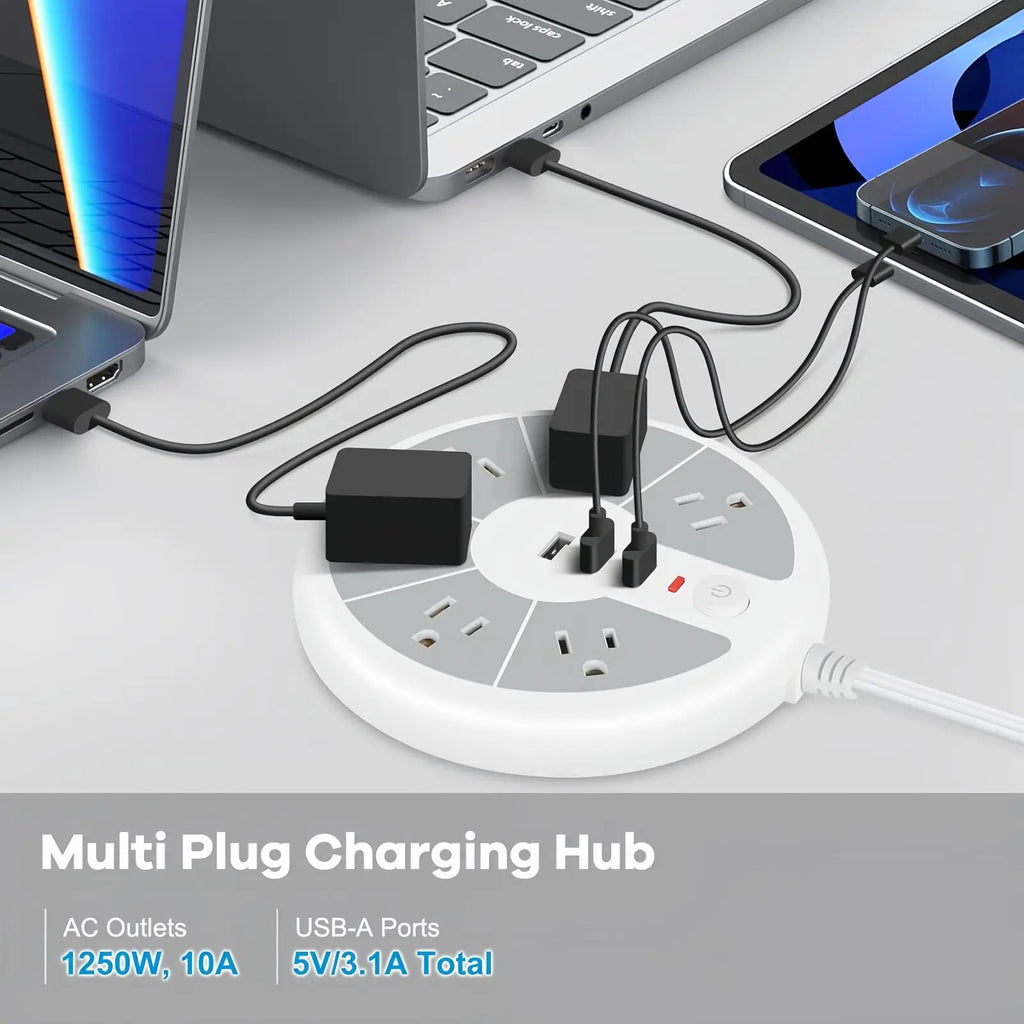 American Standard Disc Power Strip with 3 USB Sockets for Office, School, Family and Other Scenes