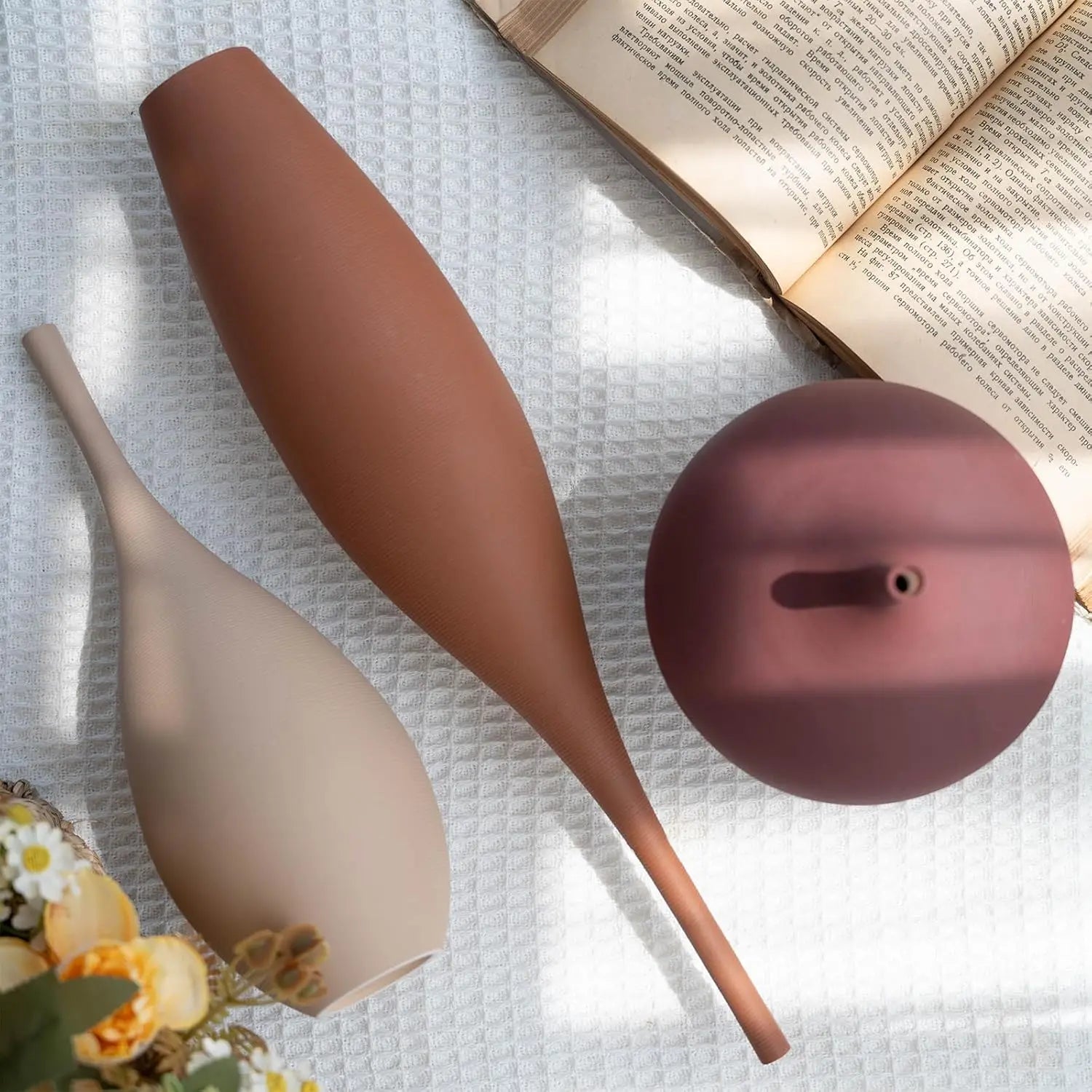 Set of 3 Modern Ceramic Vases, Farmhouse Minimalist Decor for Home Centerpieces in Brown Khaki Red