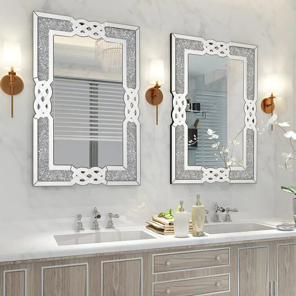 Large Crush Diamond Full Body Wall Mirror Artistic Silver Bathroom Vanity Mirror