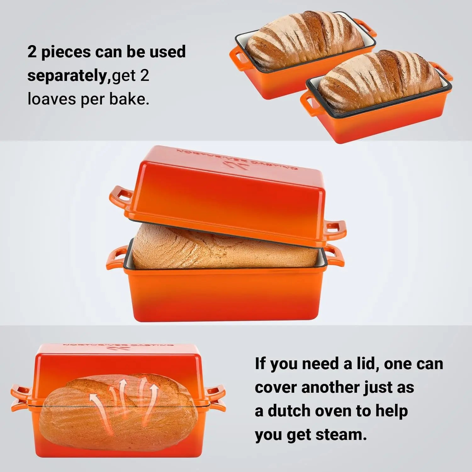 Enameled Cast Iron Loaf Pan with Lid, 2-Piece Set for Baking Homemade Bread, Oven Safe
