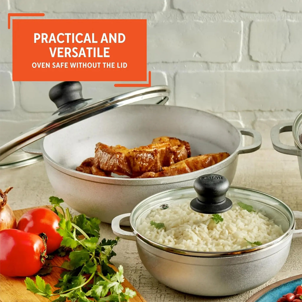 3-Piece Cast Aluminum Caldero Set with Glass Lids, 1.5/2.5/5.2qt Capacity, Riveted Handles for Versatile Cooking