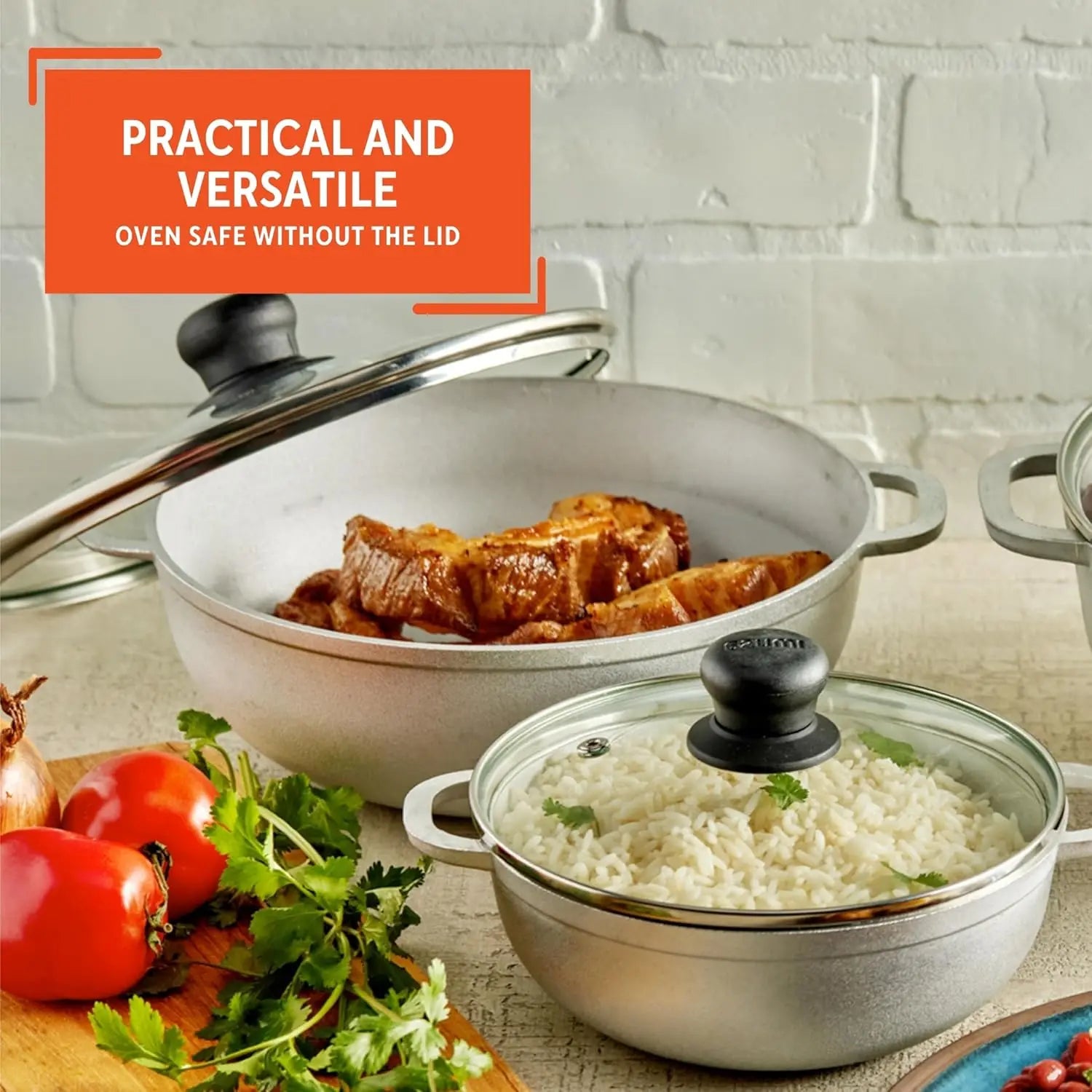 3-Piece Cast Aluminum Caldero Set with Glass Lids, 1.5/2.5/5.2qt Capacity, Riveted Handles for Versatile Cooking