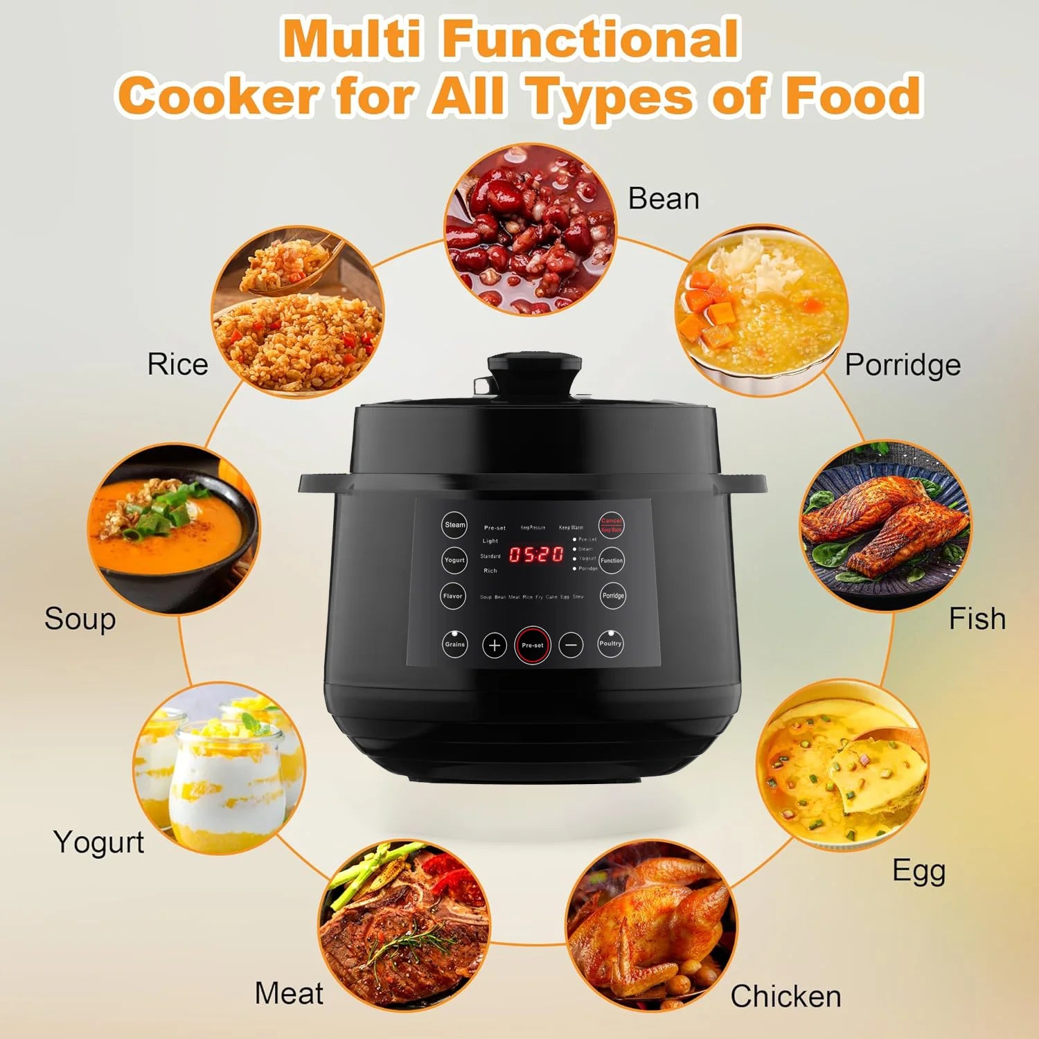 9-in-1 Multi Cooker 6-Liter 1000W Stainless Steel Programmable Pressure Cooker Slow Cooker Rice Maker Steamer Sauté Pan