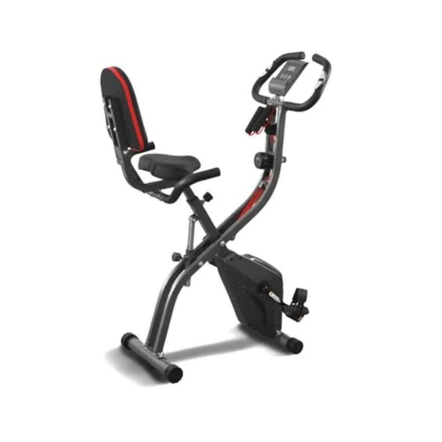 Home Workout Stationary Exercise Bike with 10Level Adjustable Magnetic Resistance Folding Design Builtin Back Support Pad Phone