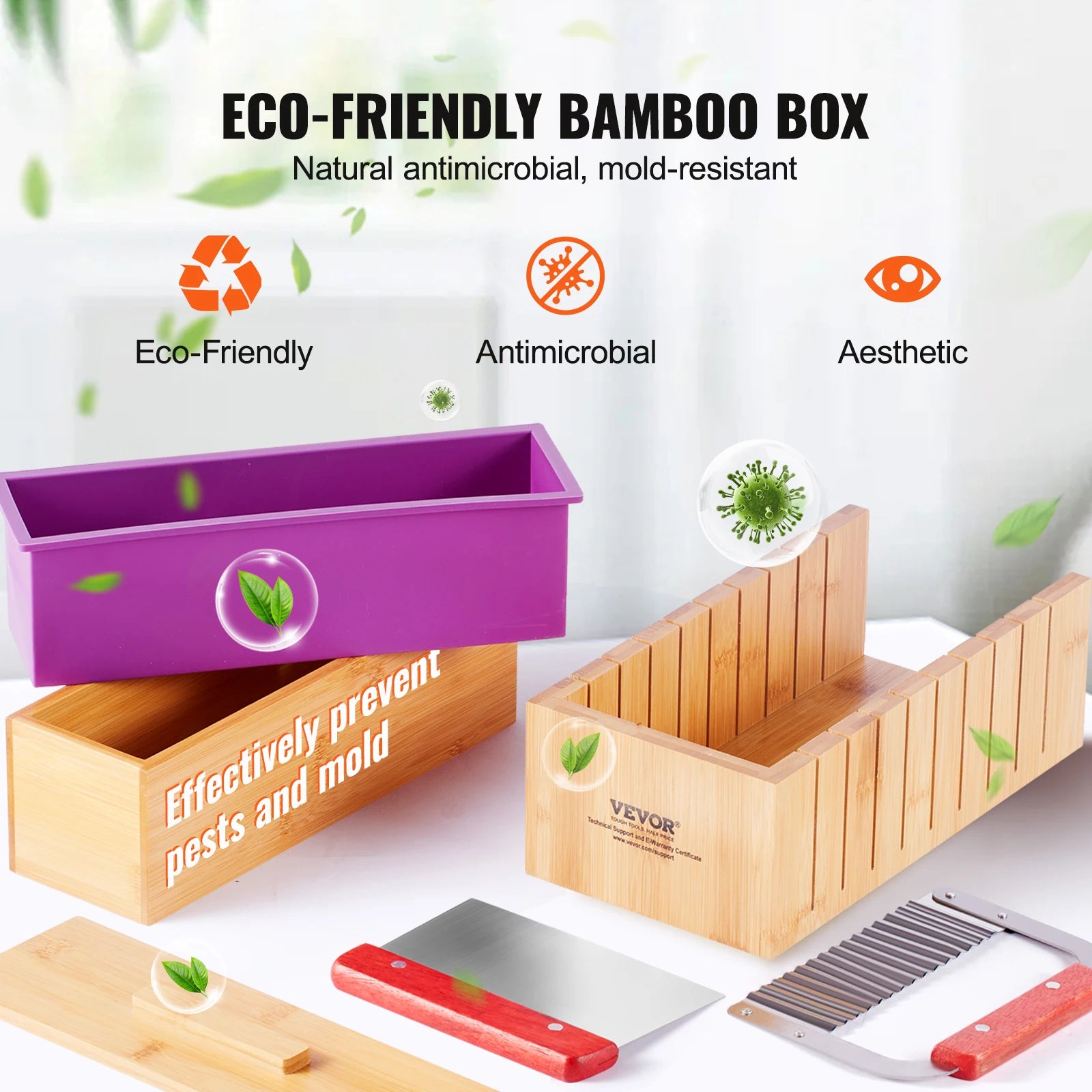 Soap Making Kit Bamboo Cutting Box and Inner Box with Silicone Mold Stainless Steel Straight Cutter and Wavy Cutter