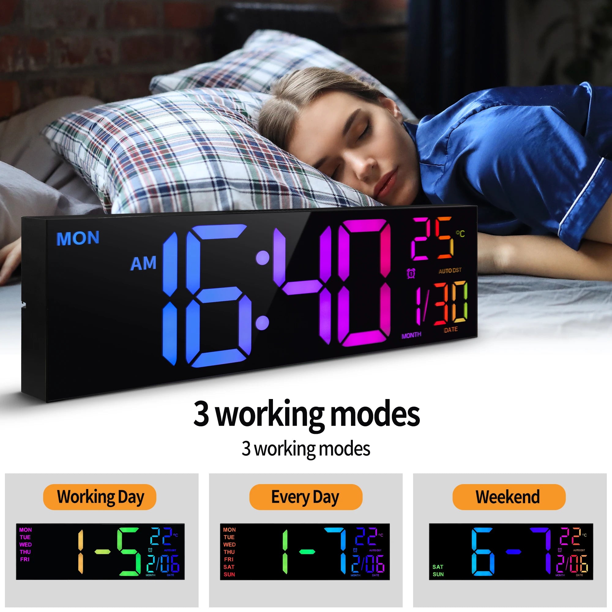 16" Large Digital Wall Clock, with Remote, 8 RGB Color, Alarm, DST, Temperature.