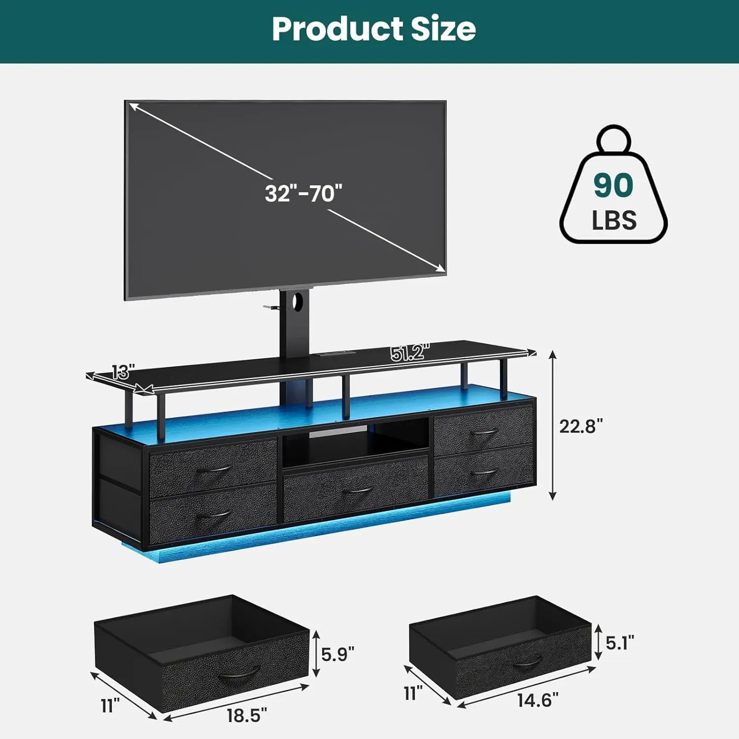 TV Stand with Mount for 32/55/65/70 inch TVs, 51.2" LED TV Stand with Power Outlets & Storage, Entertainment Center with Storage