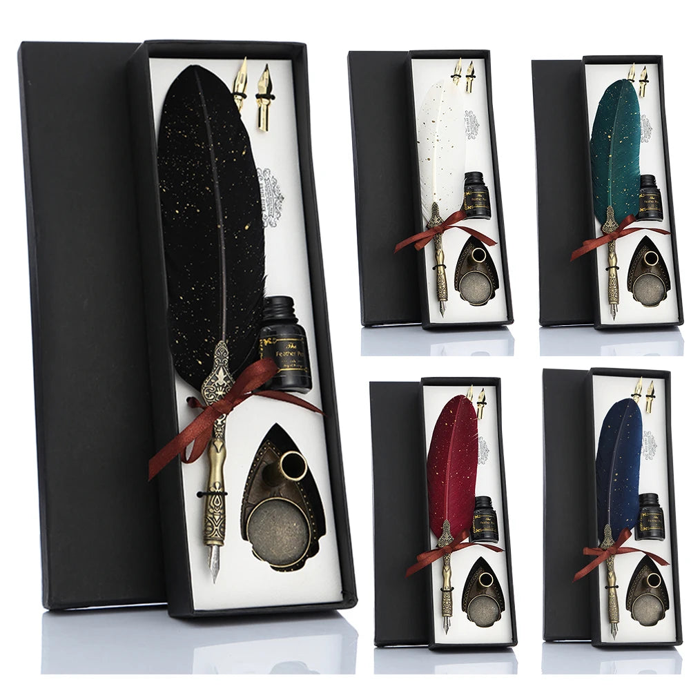 Retro Calligraphy Feather Dip Pen with 2 Nib Quill Fountain Writing Stationery