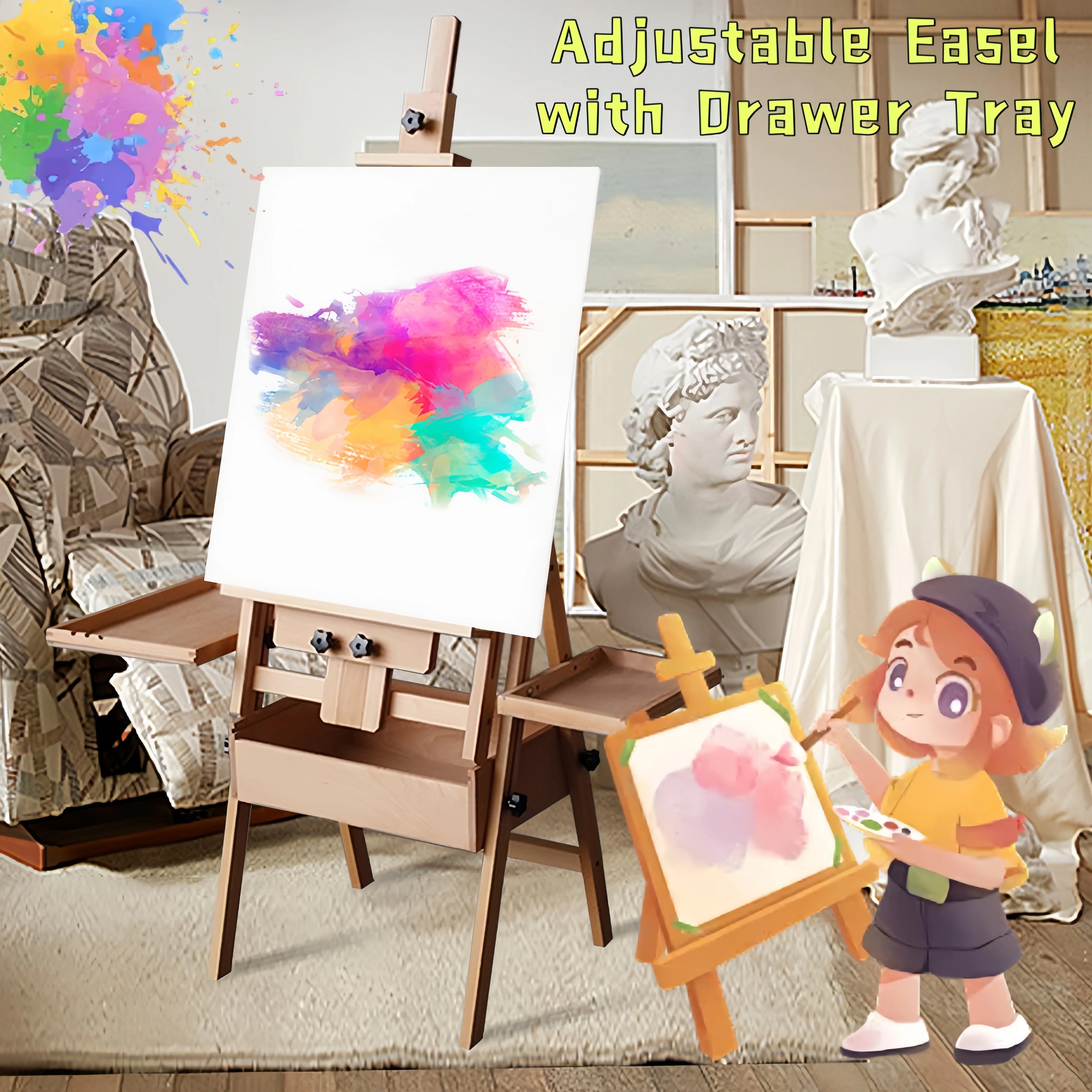 Multifunctional Easel with Drawer Tray Foldable Adjustable Height Flat Easel Drawing Board Easel for Children Sketch Oil Paintin
