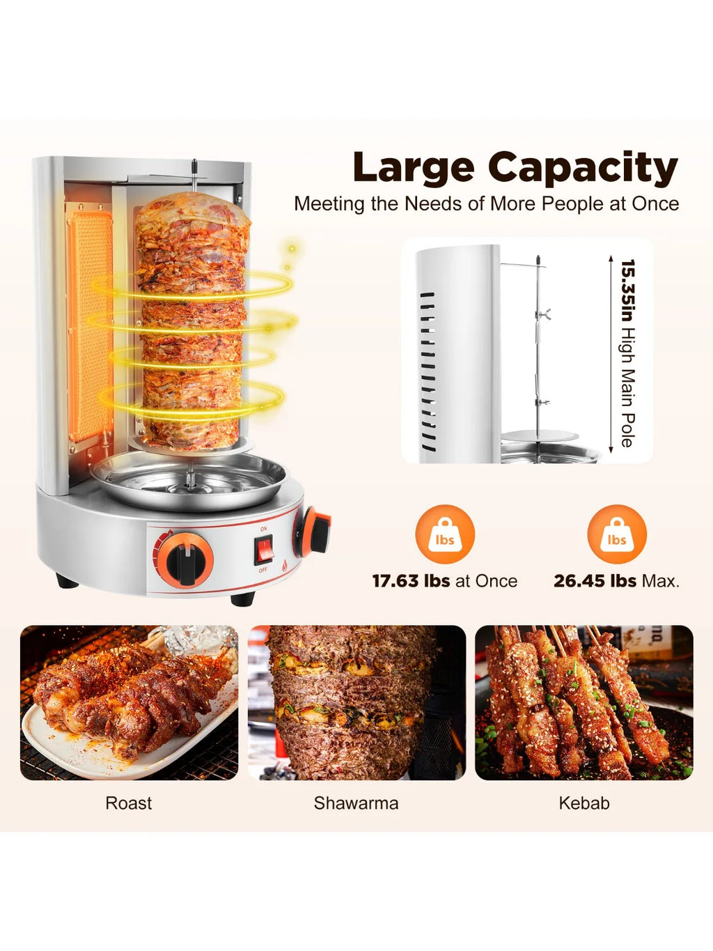 Electric Vertical Broiler 360° rotating Shawarma Gas Rotisserie Gyro Grill Machine with 2 Burner for Commercial Home Kitchen