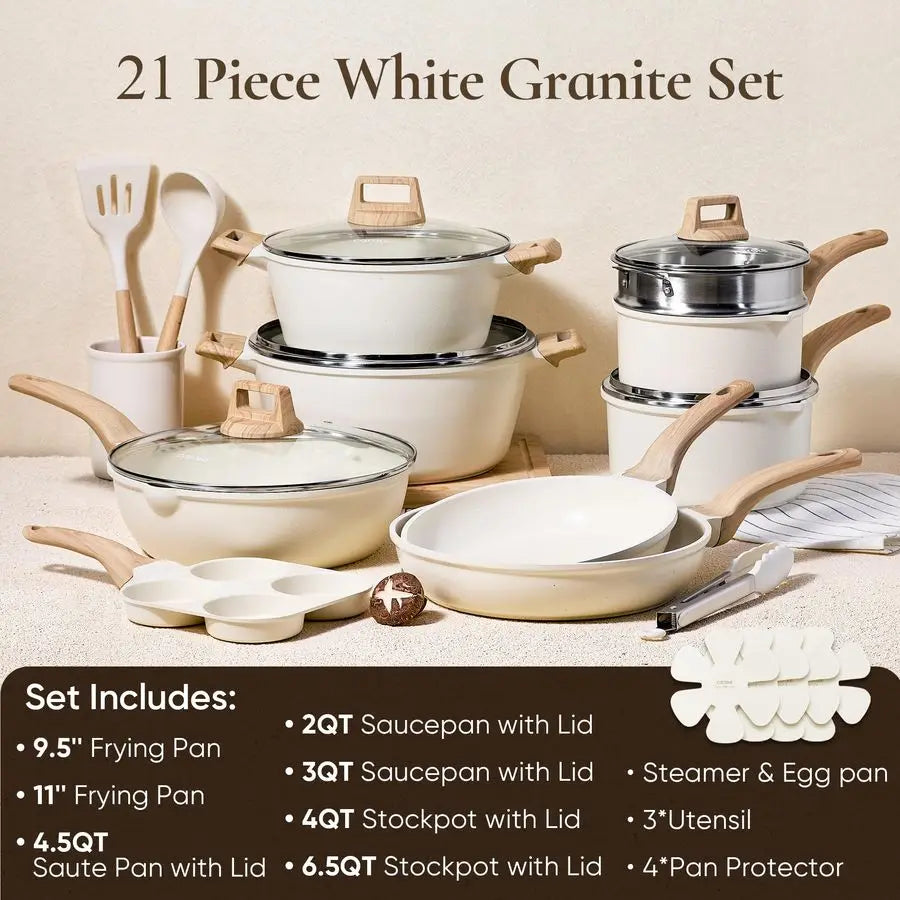 21Pcs Pots and Pans Set, Nonstick Cookware Sets, White Granite Induction Cookware Non Stick Cooking Set w Frying Pans amp Saucep