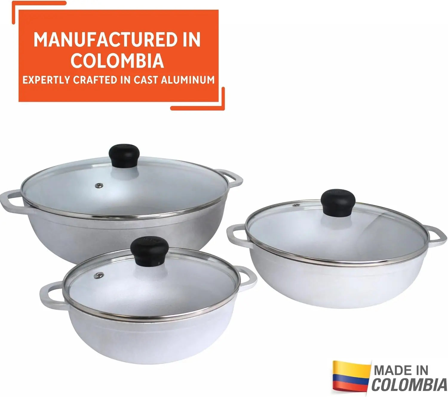 3-Piece Cast Aluminum Caldero Set with Glass Lids, 1.5/2.5/5.2qt Capacity, Riveted Handles for Versatile Cooking