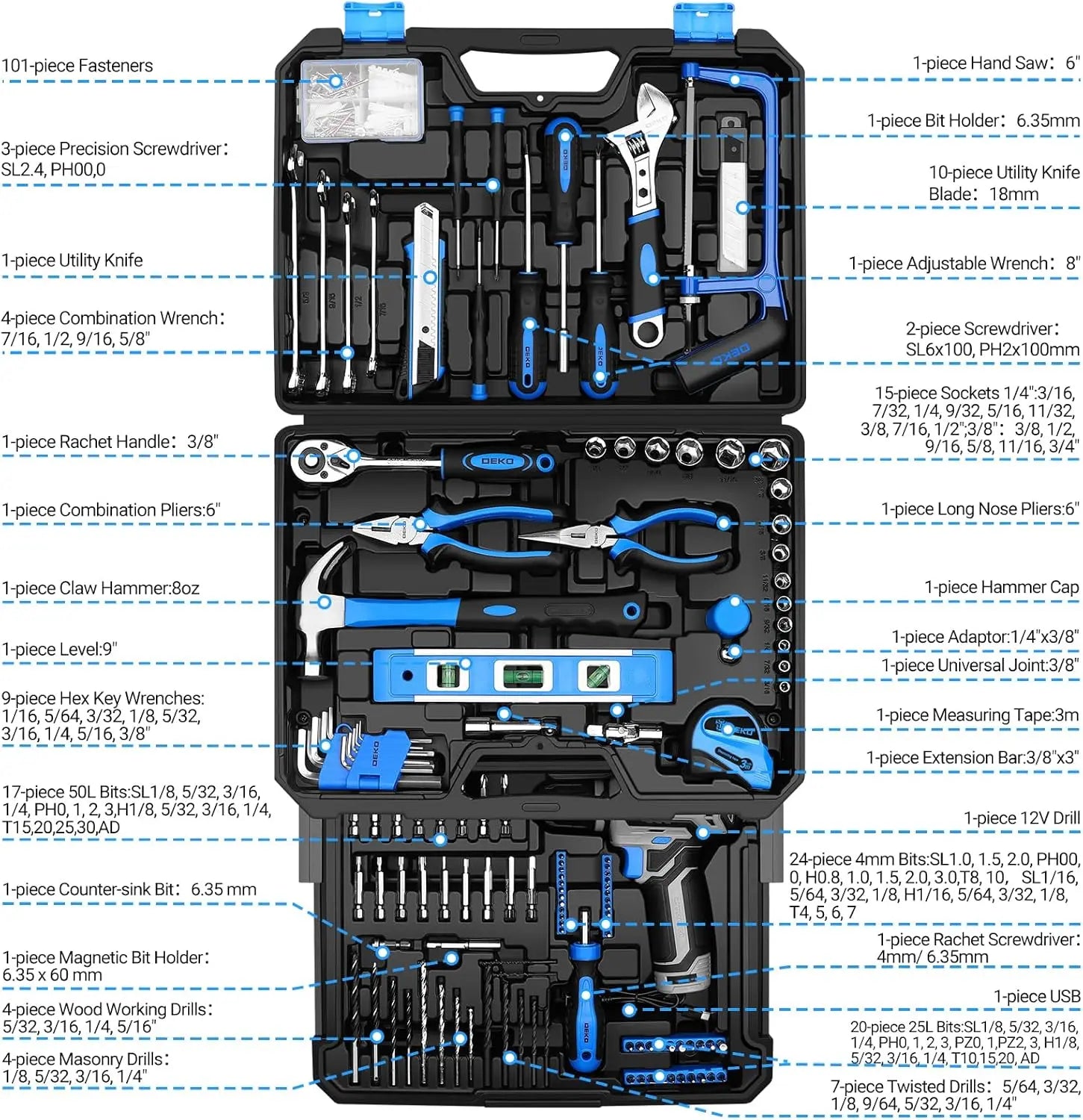 Mechanic Toolbox with 12V Power Cordless Drill Hand Repair Tools Sets Combo Kits Storage Organizer Drawer Case
