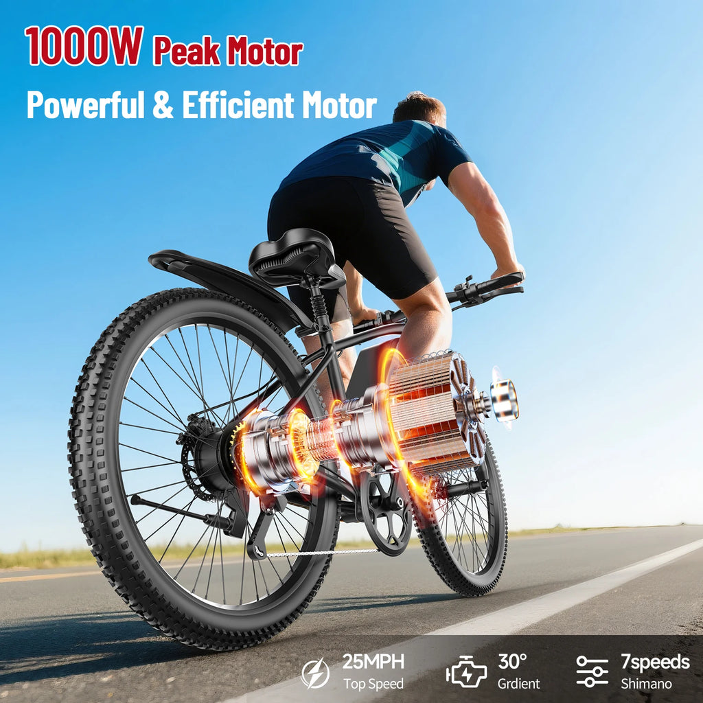 26'' Electric Bike 1000W Peak Motor 40 Miles 25MPH EBike 7 Speed Waterproof