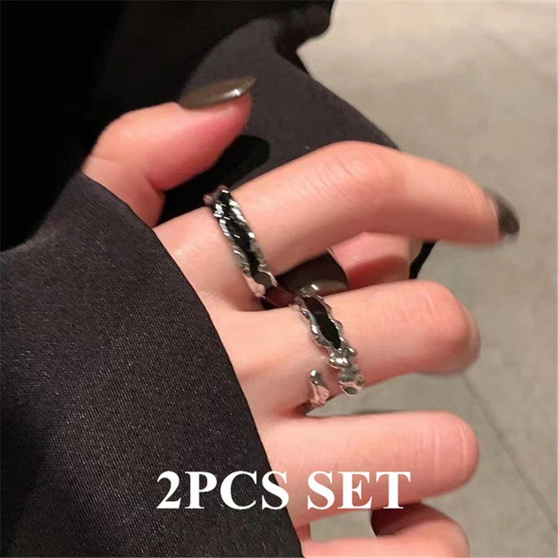 Punk Harajuku Goth Thorns Black Silver Color Irregular Heart Cross Open Ring.