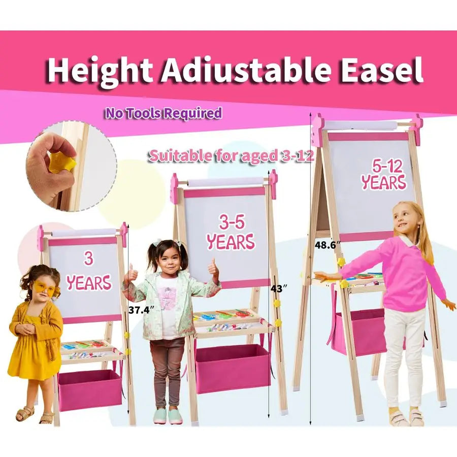 Easel for Kids Adjustable Wooden DoubleSided Magnetic Whiteboard and Chalk Board with Paper Roll, 100 Drawing Accessories Foldab