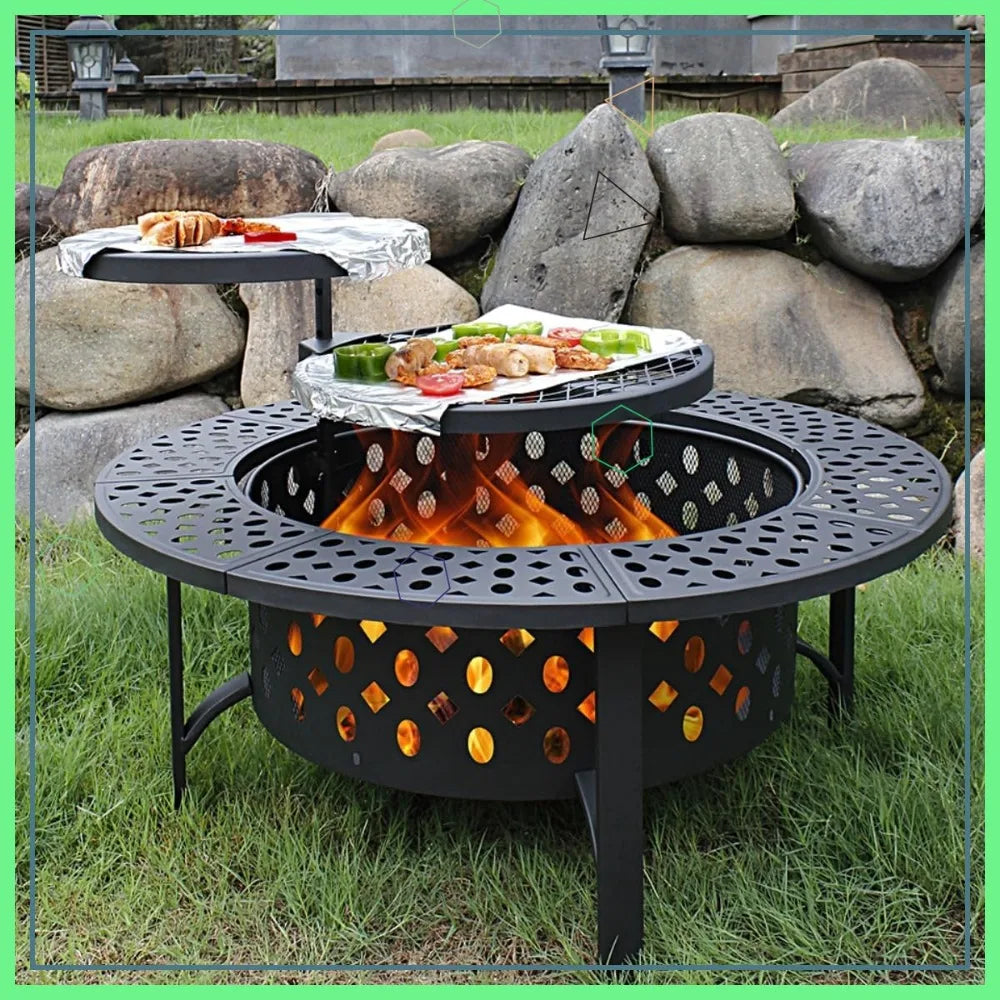 36 Inch Wood Burning Fire Pit with Grills and Tabletop.