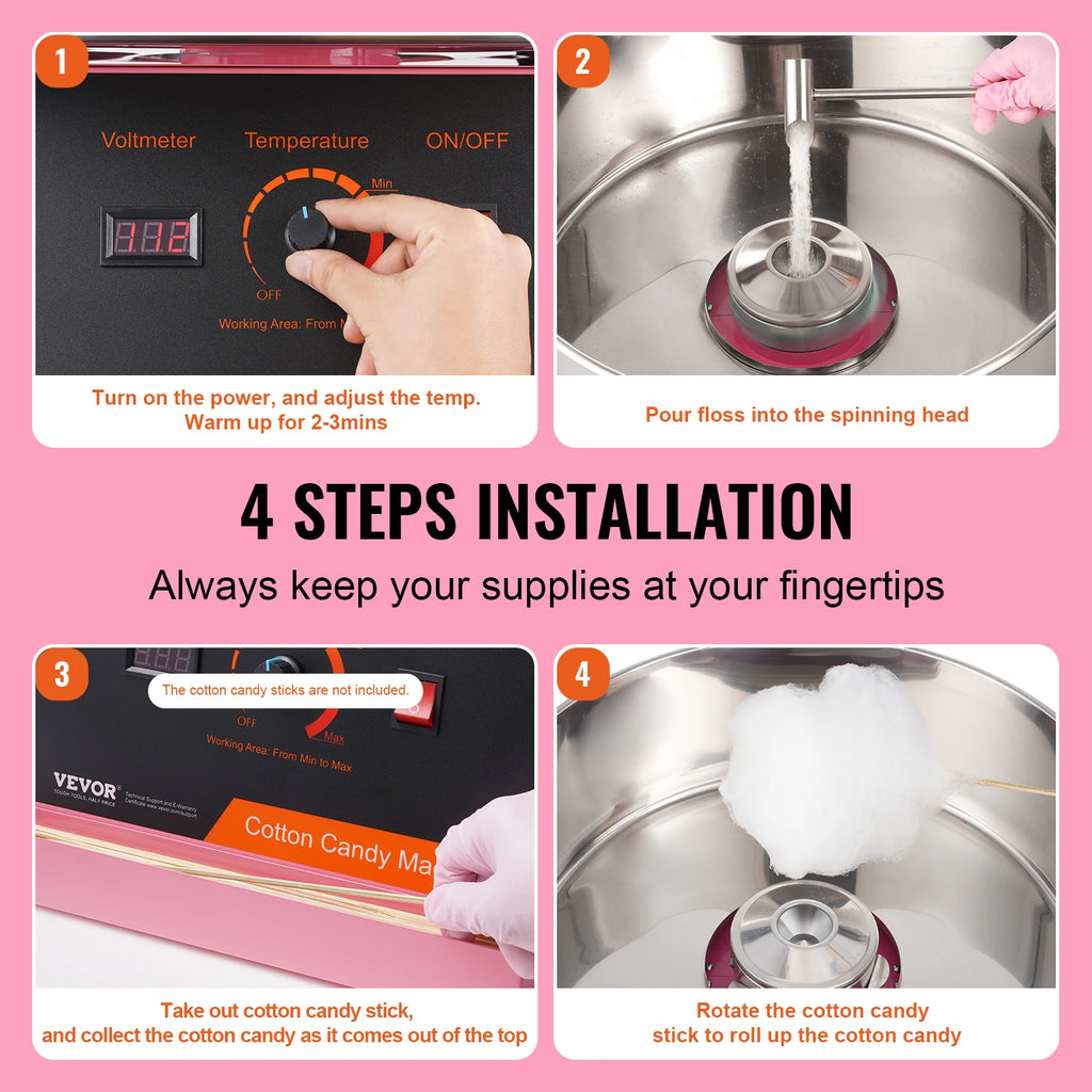 Electric Cotton Candy Machine 1000W Candy Floss Maker Commercial Cotton Candy Machine Stainless Steel Bowl Sugar Scoop