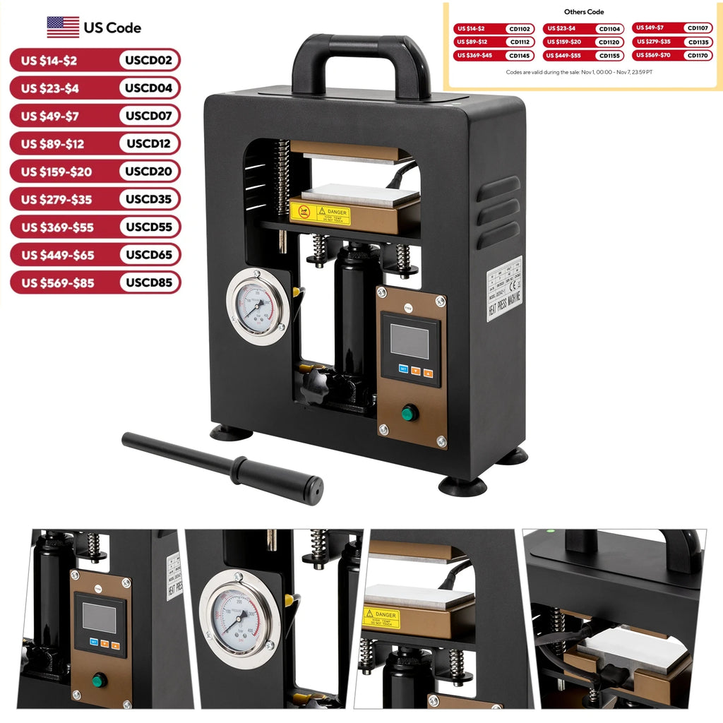 10T Hydraulic Heat Press Machine with LCD & Pressure Gauge, 900W Fast Heating for PU, Plastic, Textiles – US Plug 110V