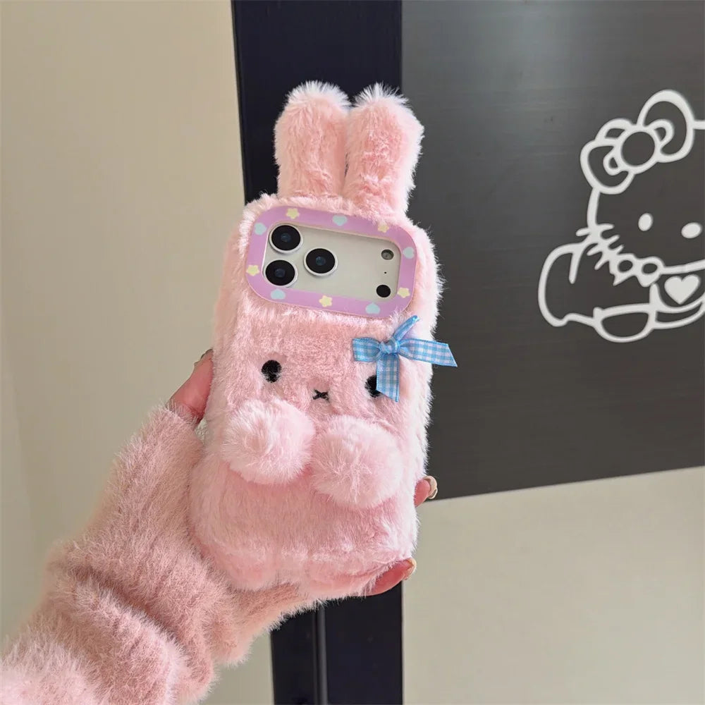 Warm fluffy furry bow 3D rabbit phone case.
