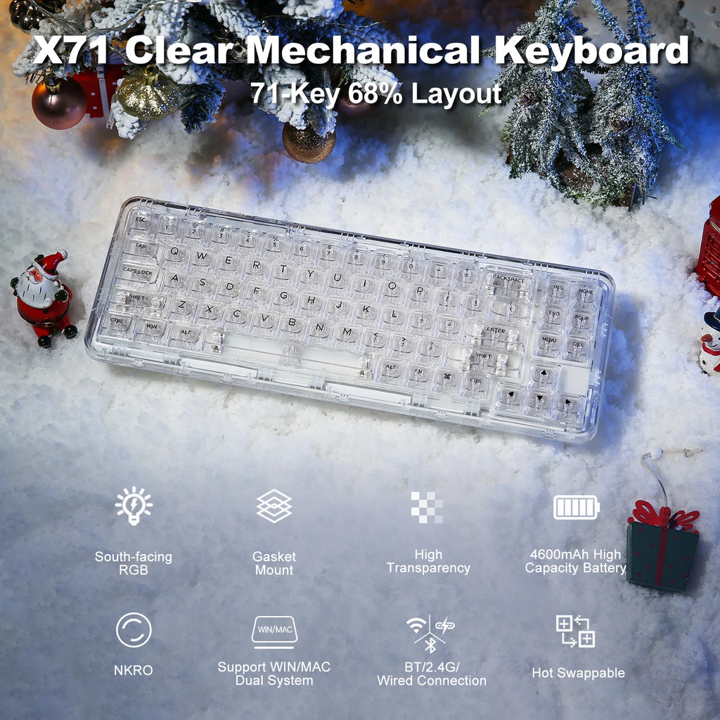 Wireless BT/2.4G/USB-C Gasket Hot-Swap Transparent RGB Mechanical Gaming Keyboard with Clear Keycaps