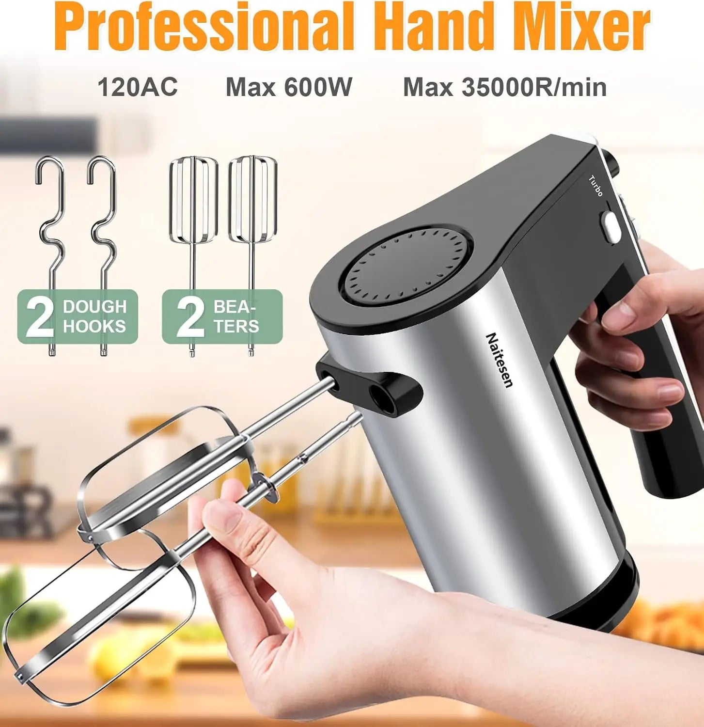 600W Electric Hand Mixer with 6 Stainless Steel Bowls and Lids for Kitchen Baking
