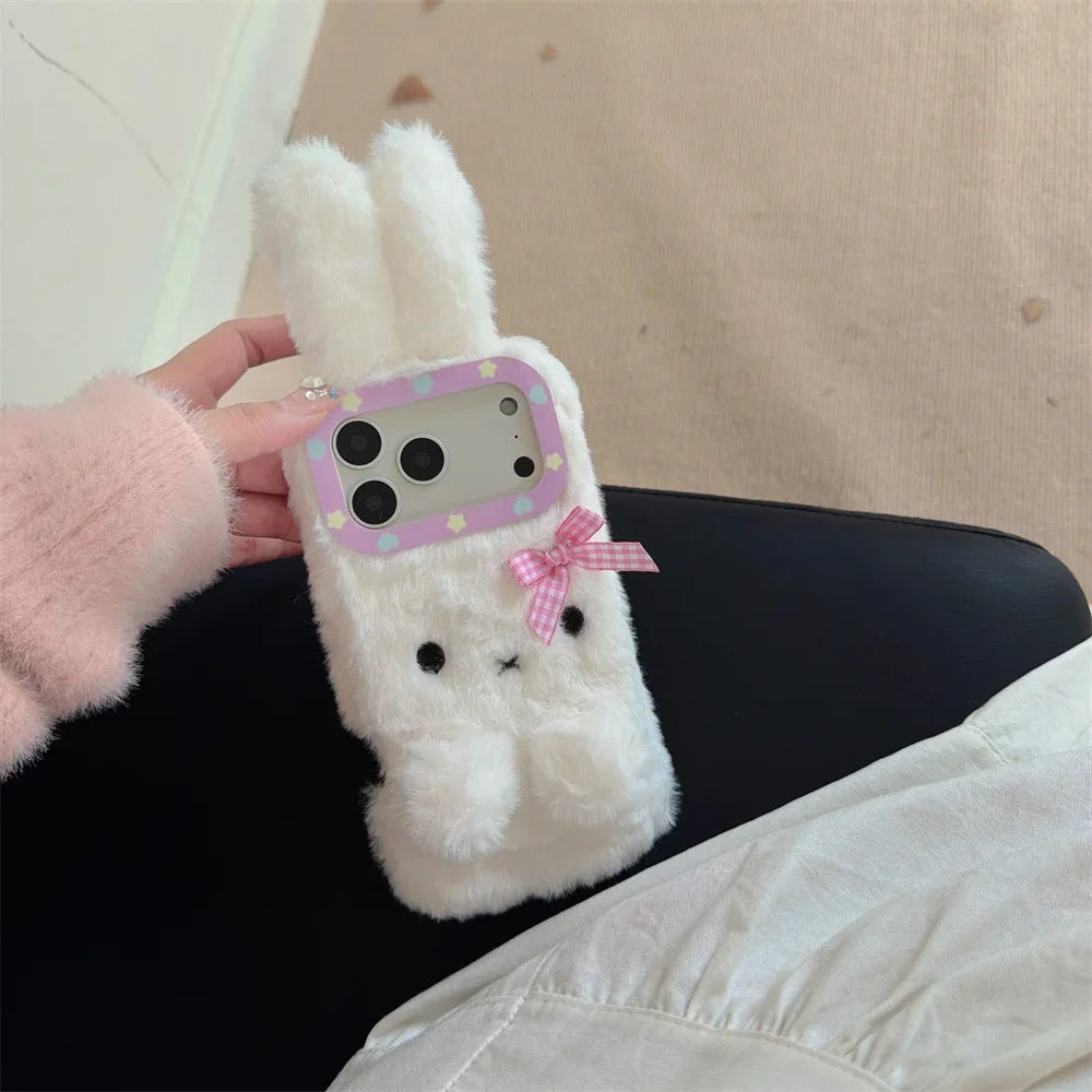 Warm fluffy furry bow 3D rabbit phone case.