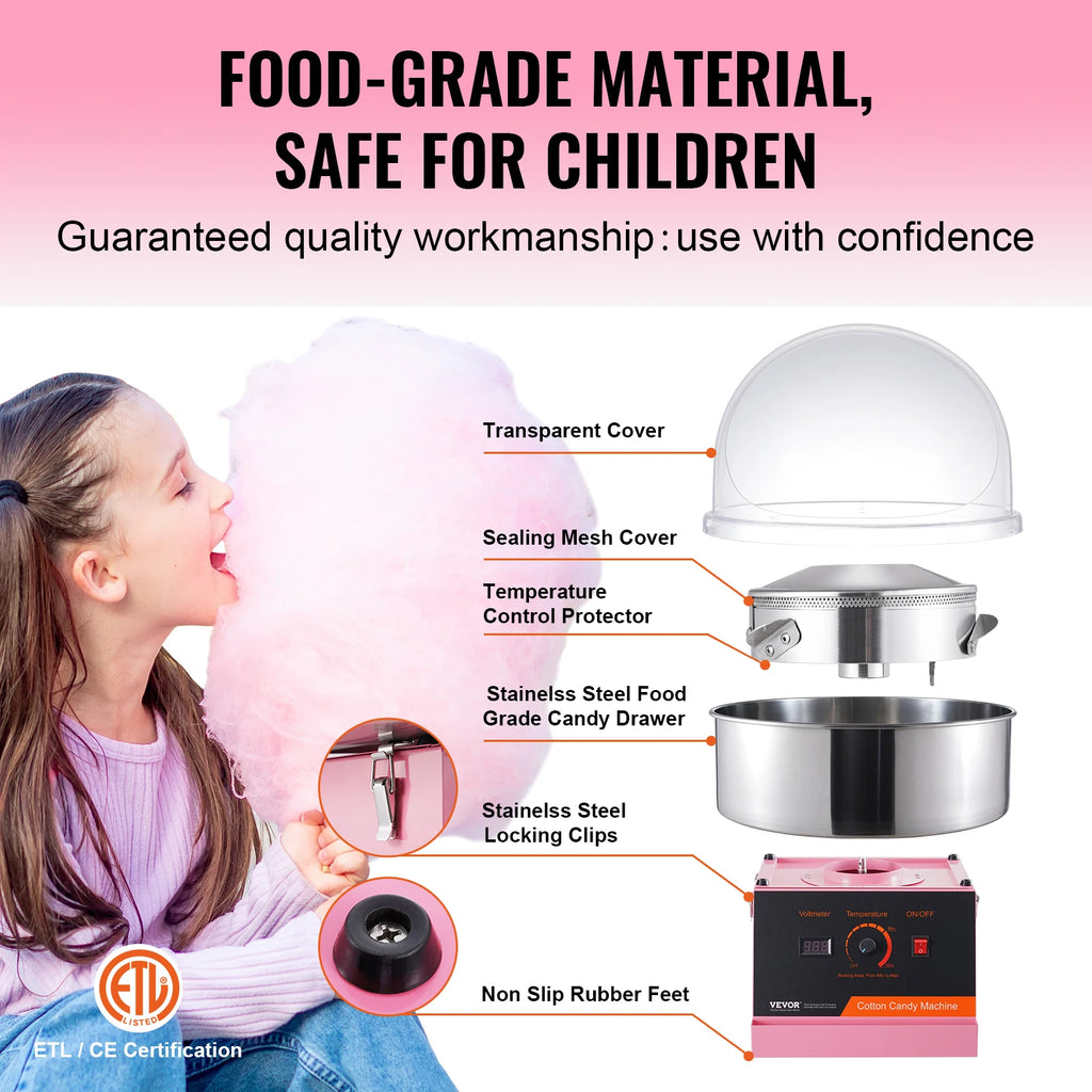 Electric Cotton Candy Machine 1000W Candy Floss Maker Commercial Cotton Candy Machine Stainless Steel Bowl Sugar Scoop