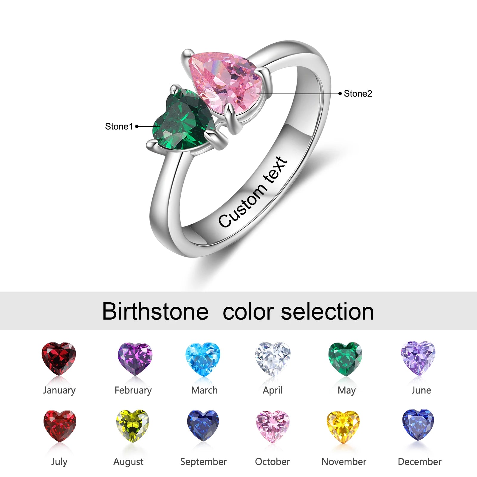 Ring with Heart Birthstone Personalized Inlaid Engraved.