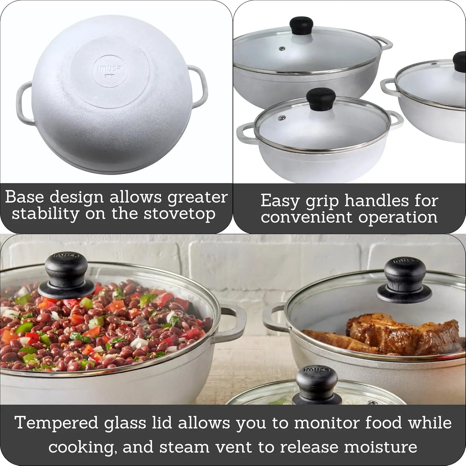 3-Piece Cast Aluminum Caldero Set with Glass Lids, 1.5/2.5/5.2qt Capacity, Riveted Handles for Versatile Cooking