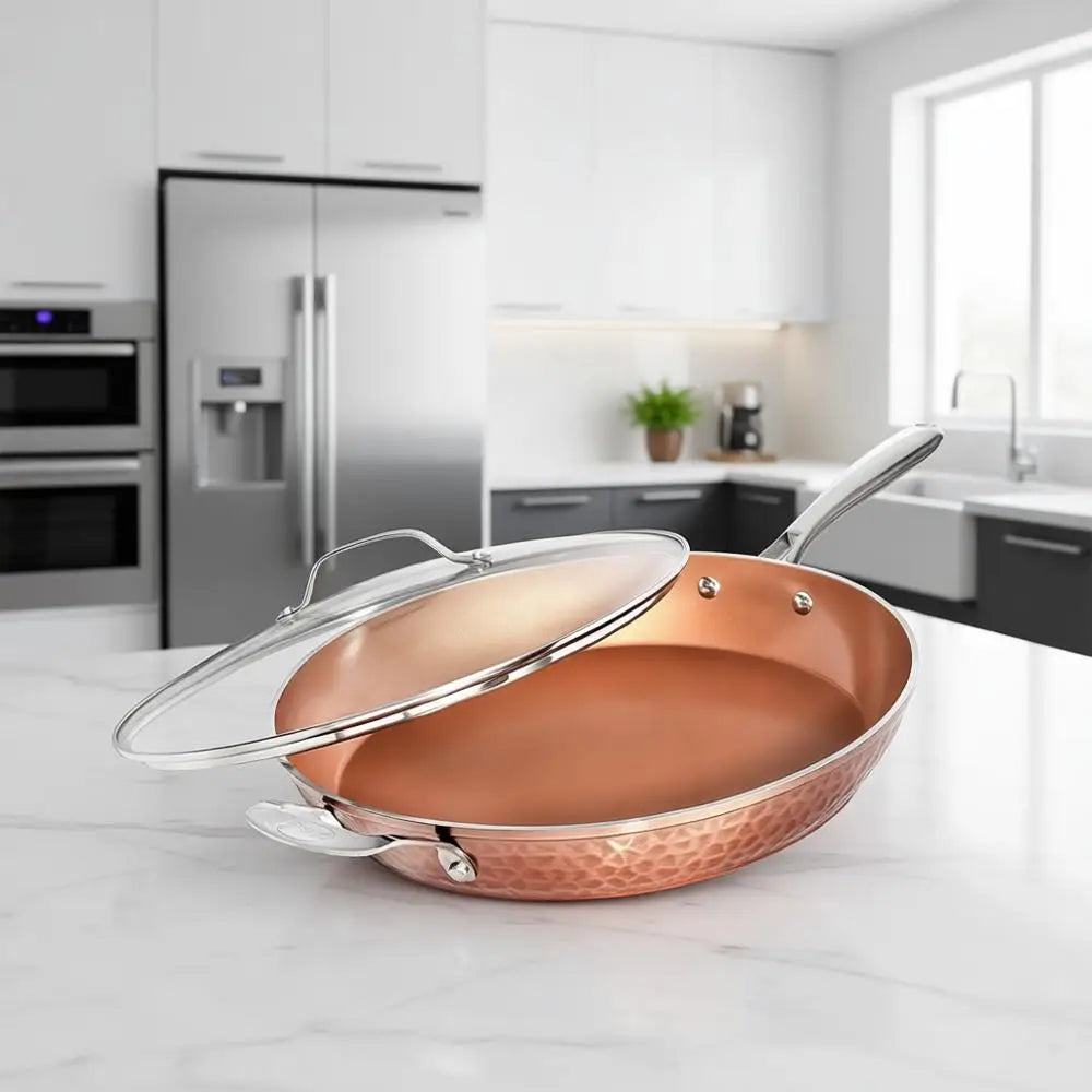 14 Inch Hammered Copper Non-Stick Frying Pan with Lid, Ceramic Coating, Induction Compatible, Oven and Dishwasher Safe, 100% PTF
