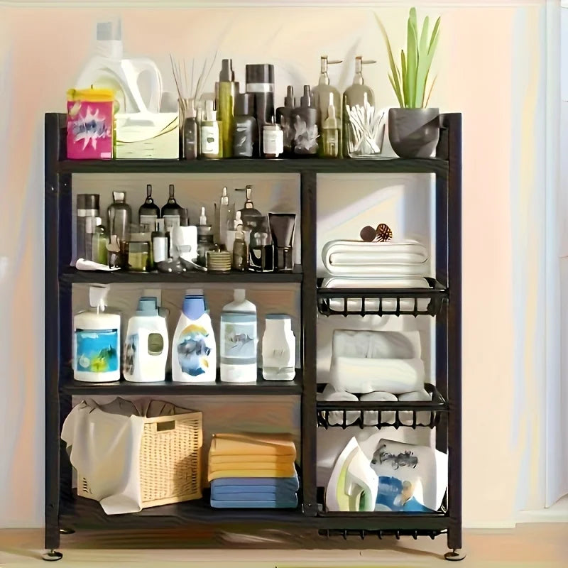 New Heavy-Duty 4-Tier Freestanding Shelf with 3 Baskets - Durable Carbon Steel.