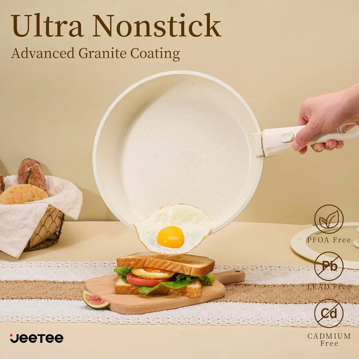 17-Piece Nonstick Cookware Set with Detachable Handle, Induction Safe, Oven Safe, PFAS/PFOA Free in Beige