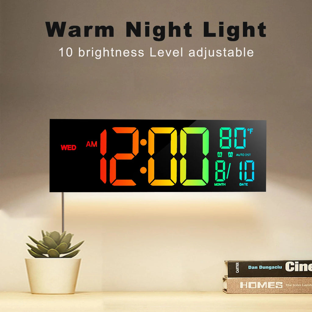 16" Large Digital Wall Clock, with Remote, 8 RGB Color, Alarm, DST, Temperature.