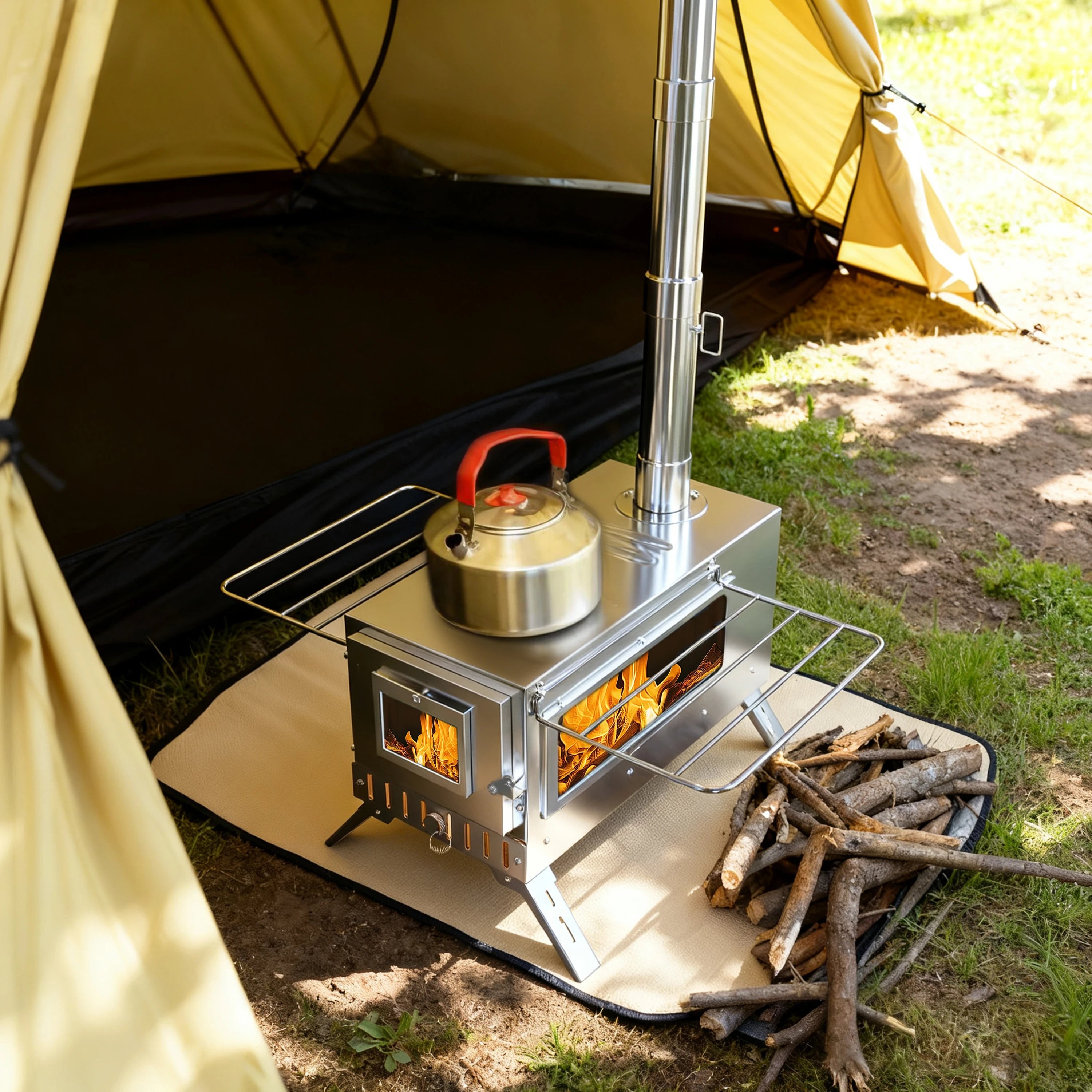 Hot Tent Stove, Portable Wood Burning Camping Stove Stainless Steel for Tent, Outdoor, Heating, Cooking, Ice Fishing