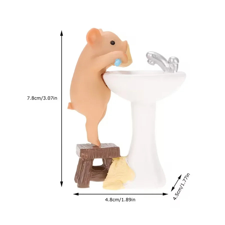 Adorable Piglet Brushing Teeth Figurine Resin Animal Decor Bathroom Desktop Cute Ornament Home Decorative Mini Statue Gift