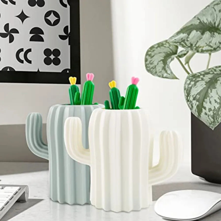 2 PCS Cactus Pen Holder with 4 PCS Cactus Gel Pen Set - Multifunctional Cosmetic and Stationery Storage Organizer for Desk Make