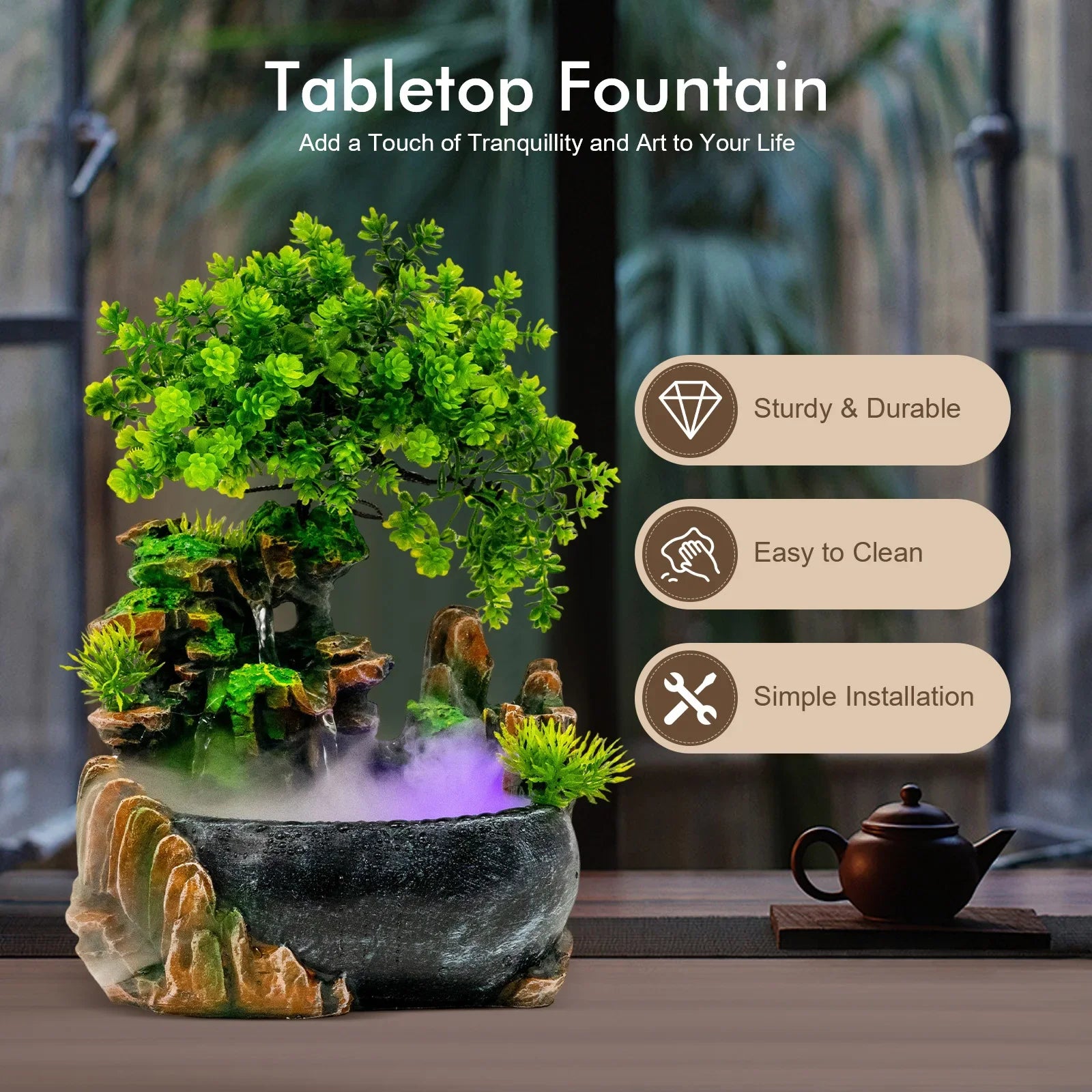 Tabletop Fountain Indoor Water Fountain with Mist Maker Rockery Decor for Living Room Office Desk Zen Decor