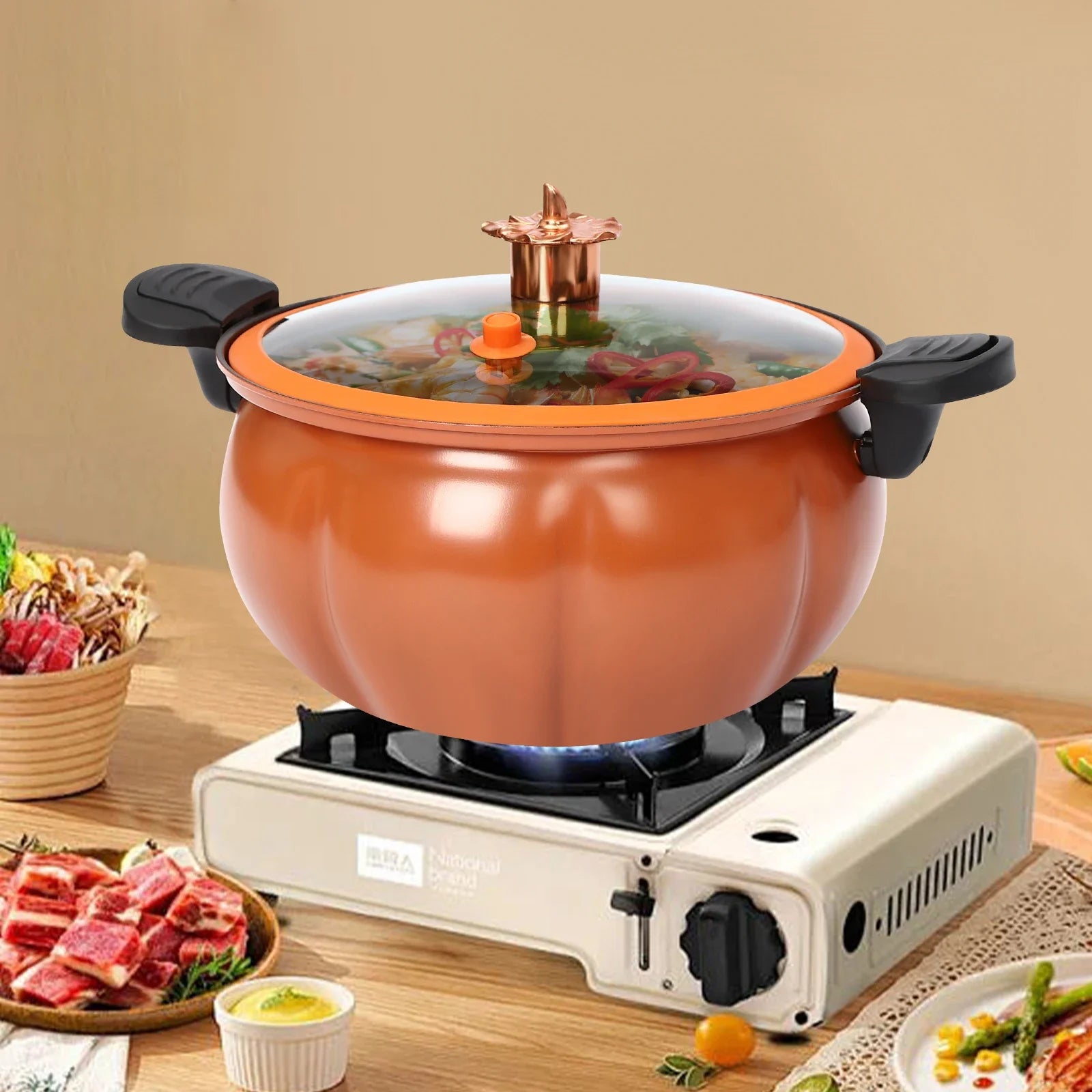 Pumpkin Shaped Micro Pressure Cooker 8L/2.11gal, Non-Stick Maifan Stone Pot, Safe for Gas Stoves & Open Flames, Compact Soup
