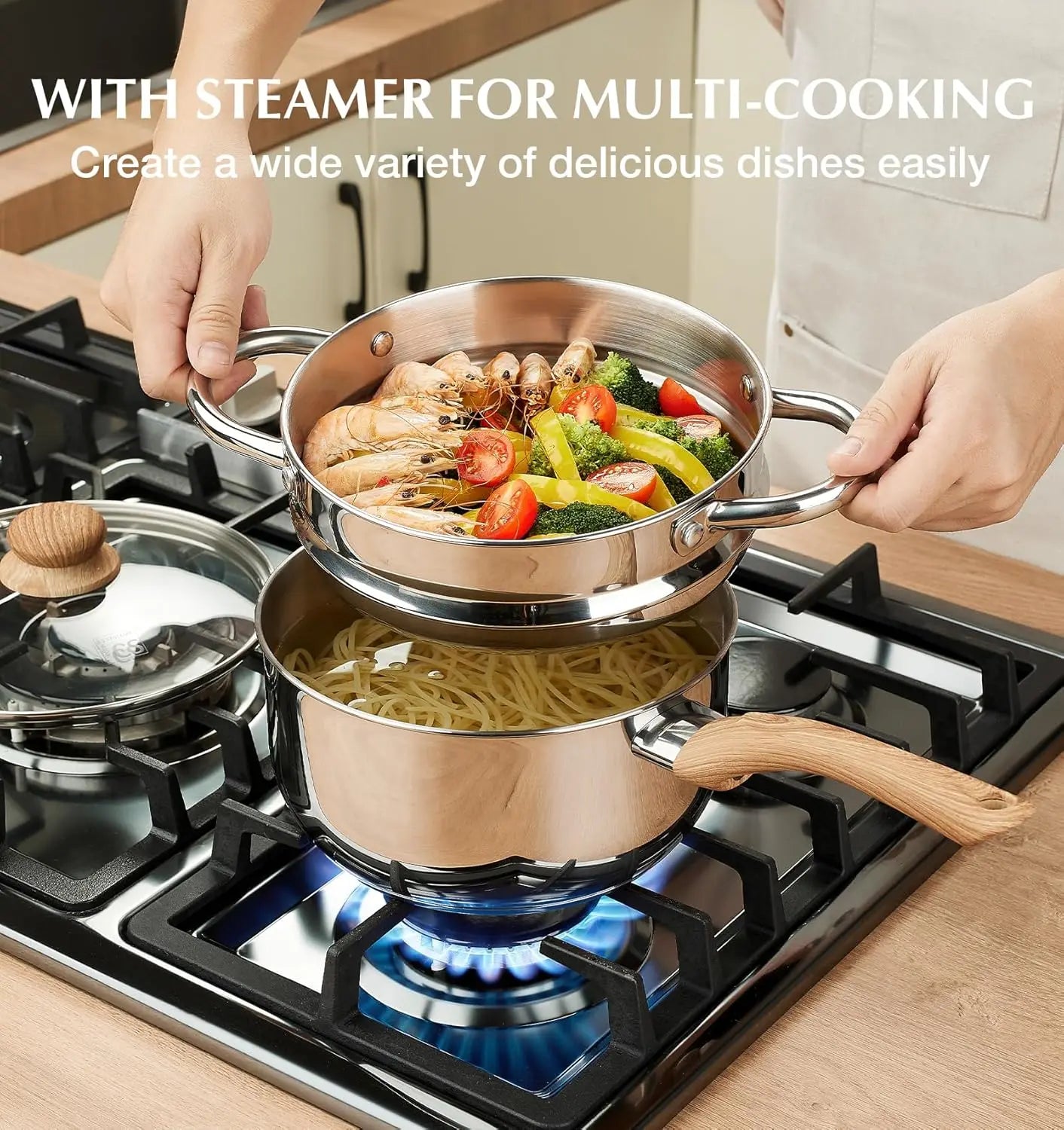 Stainless Steel Saucepan Set with Steamer, 18/10 Tri-Ply Base, Cool-Touch Handles, Induction Compatible for Healthy Cooking