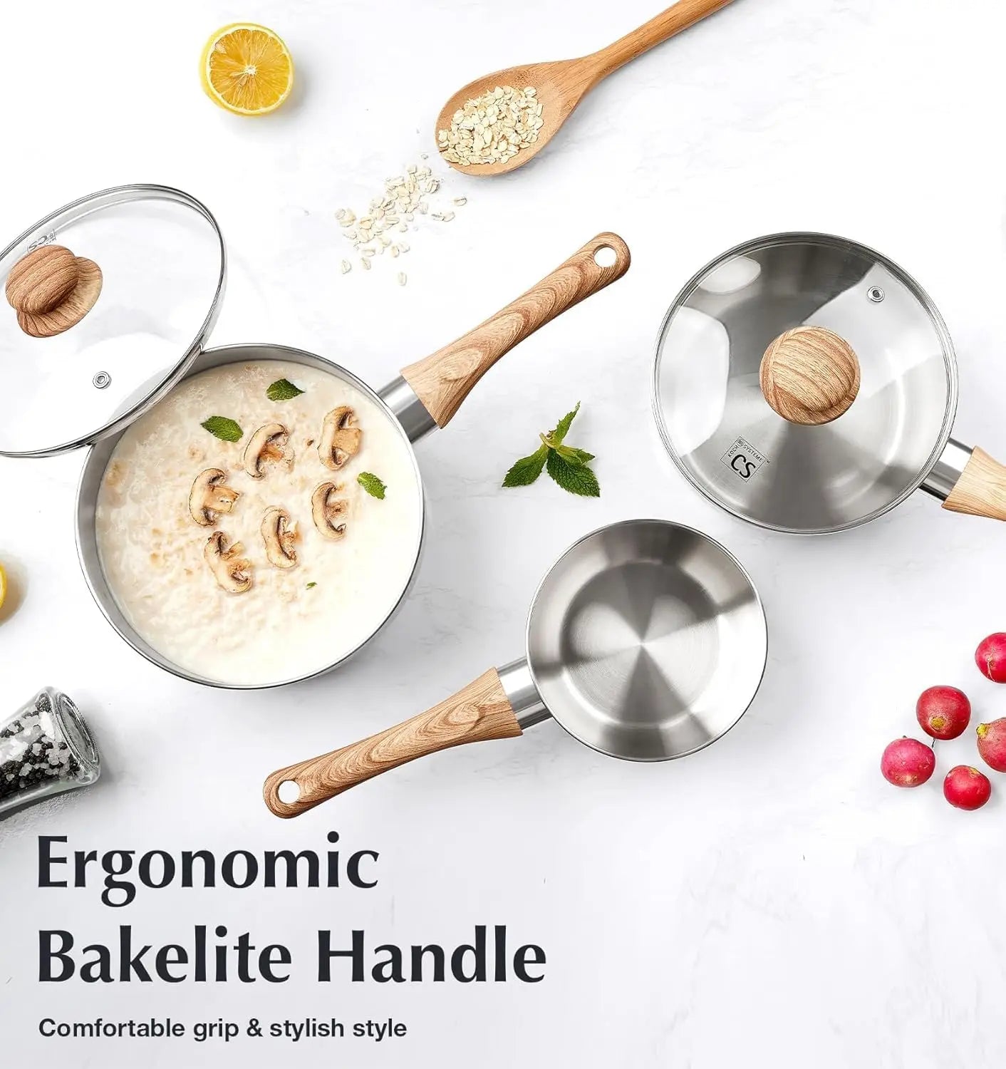 Stainless Steel Saucepan Set with Steamer, 18/10 Tri-Ply Base, Cool-Touch Handles, Induction Compatible for Healthy Cooking