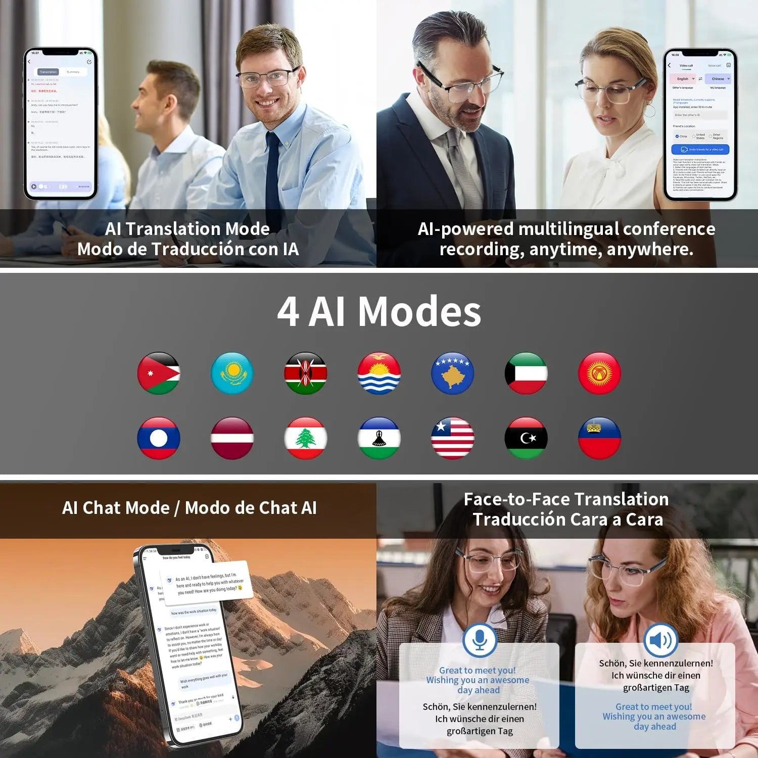 AI Translation Smart Glasses, audio 160+ languages