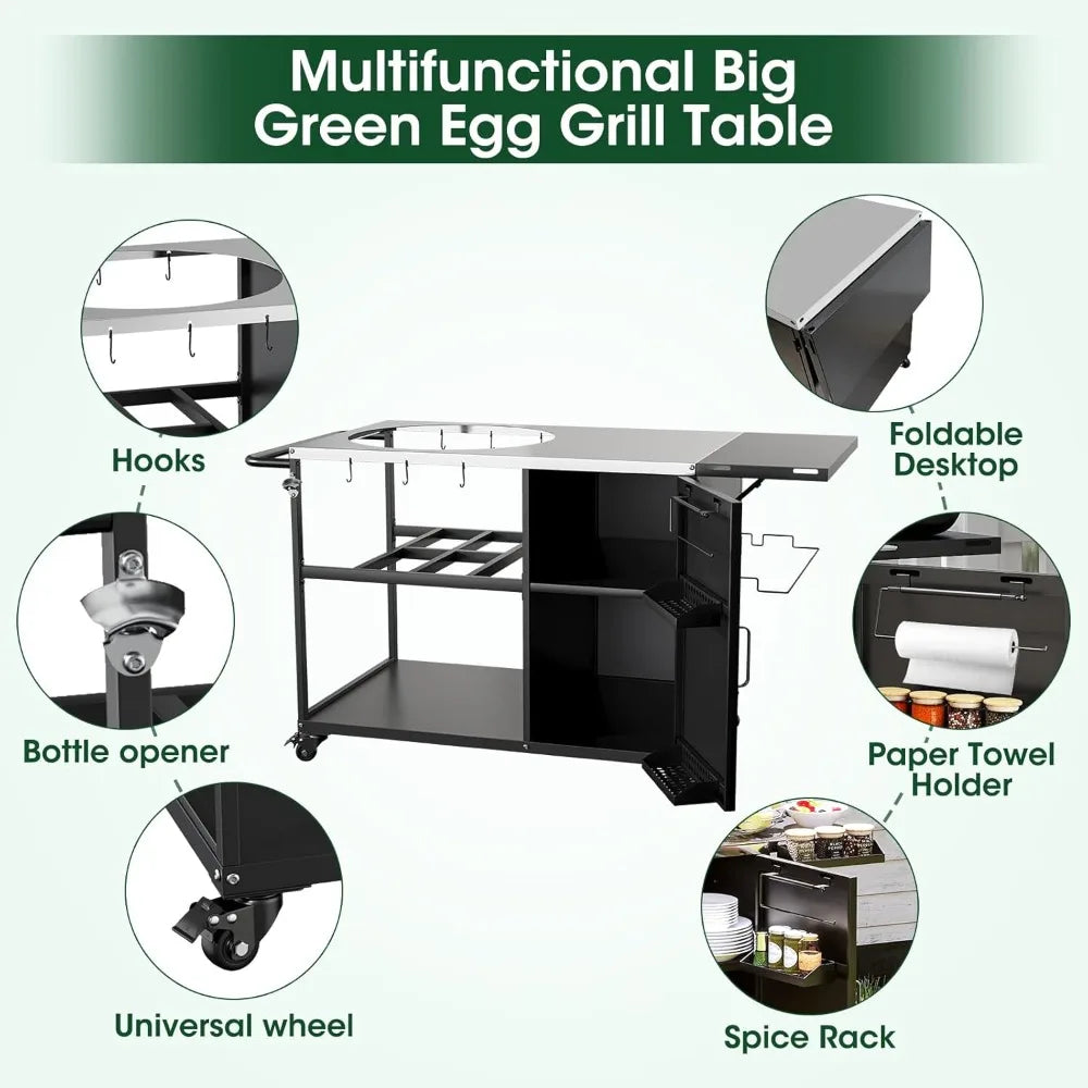 Heavy metal outdoor grill stand prep table with wheels, plenty of storage, for big green egg