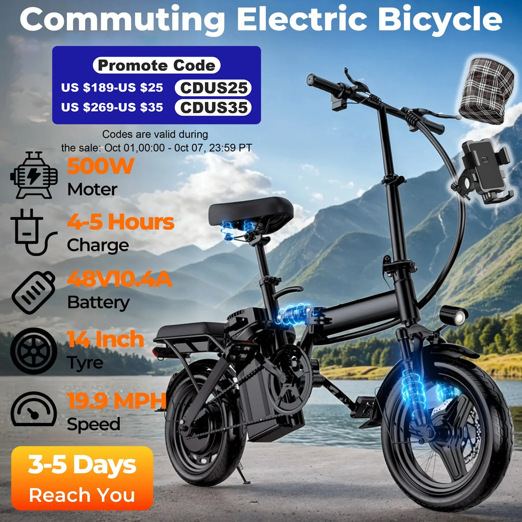 500W Electric Bike, 20 MPH, 48V 10.4Ah Removable Battery, 14 Inch Folding Electric Bike.