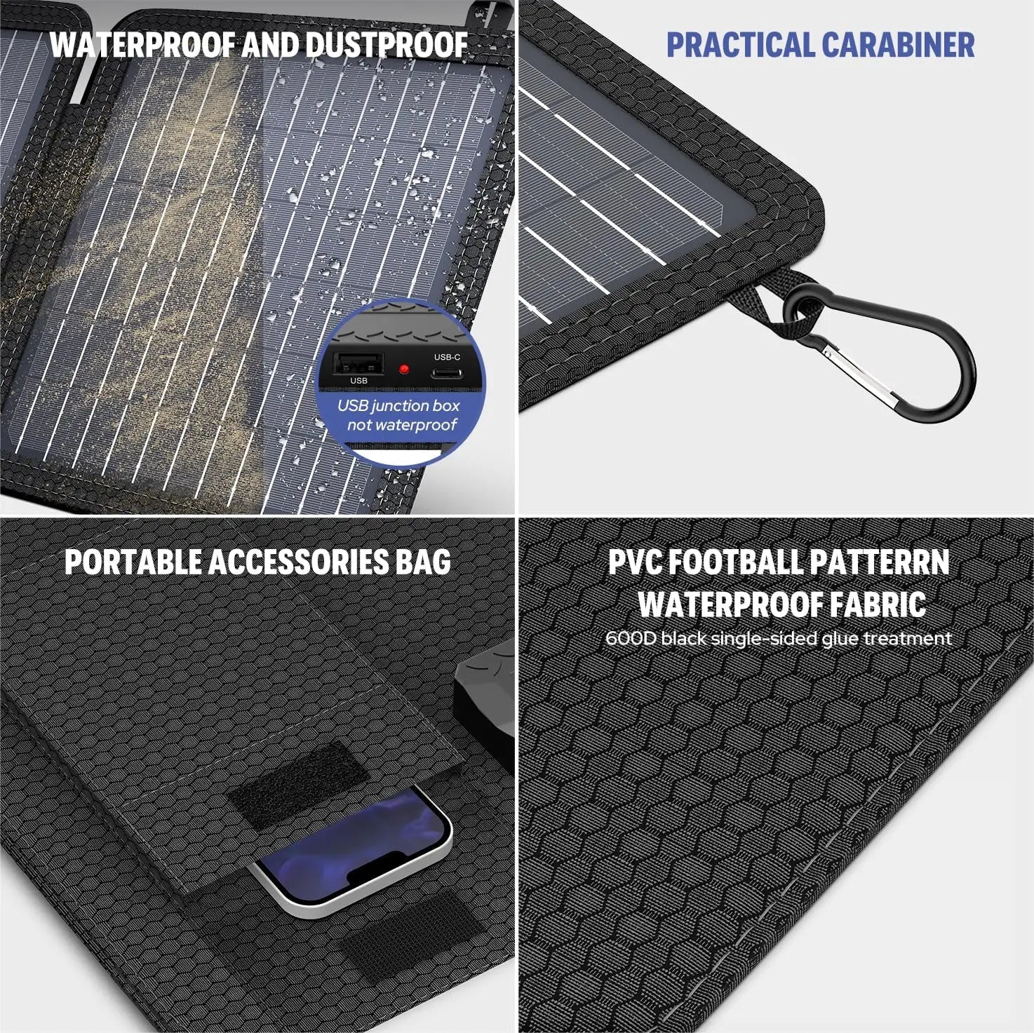 15W Portable Solar Panel Battery Charger with 5V 3A USB-A USB-C Output.