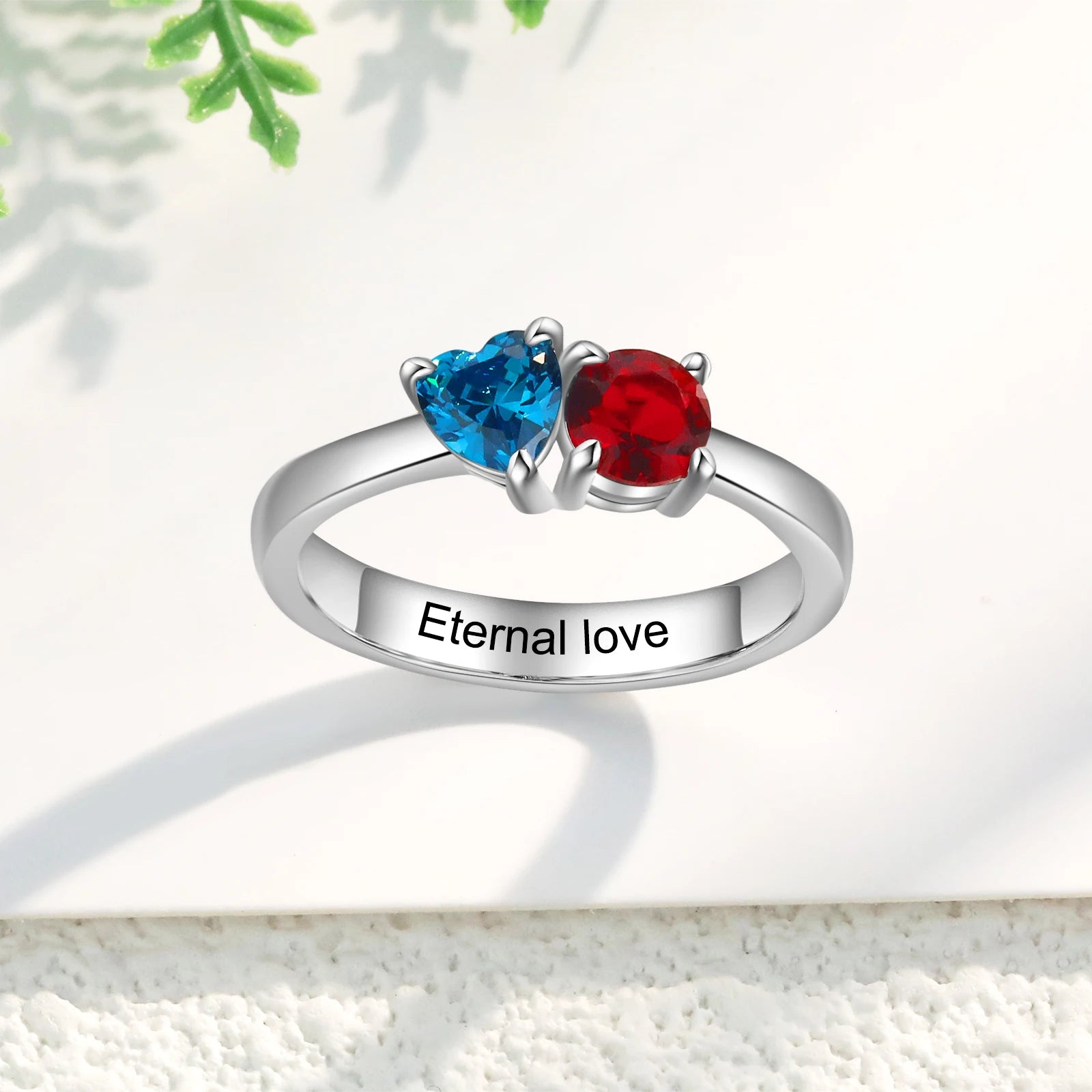 Ring with Heart Birthstone Personalized Inlaid Engraved.