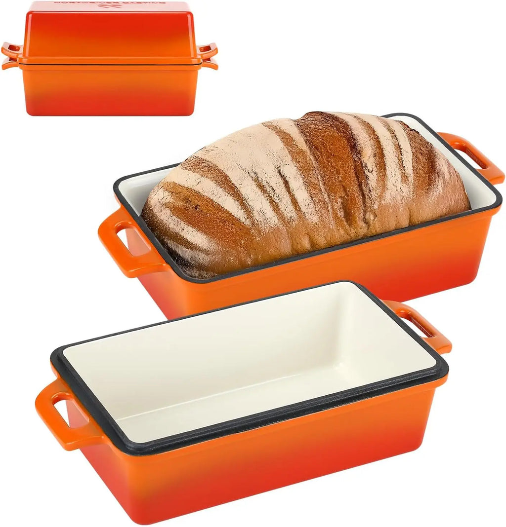 Enameled Cast Iron Loaf Pan with Lid, 2-Piece Set for Baking Homemade Bread, Oven Safe