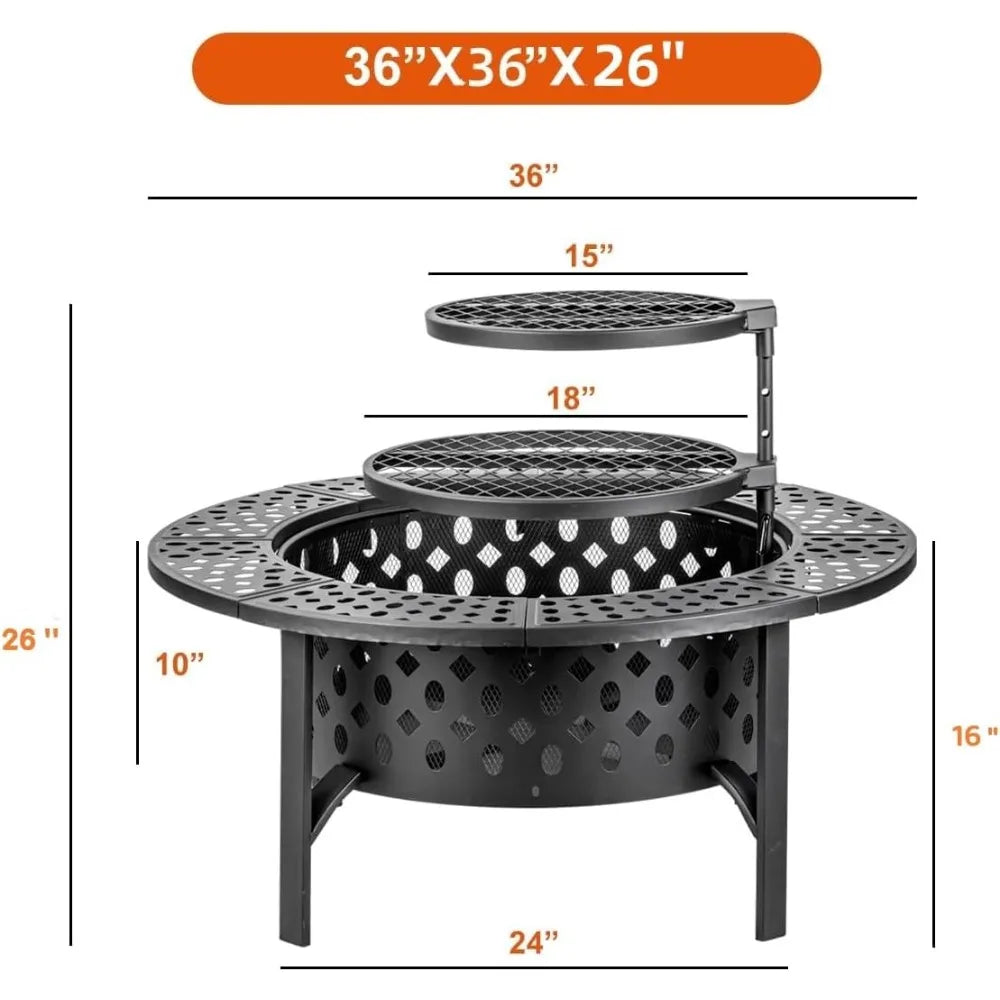 36 Inch Wood Burning Fire Pit with Grills and Tabletop.